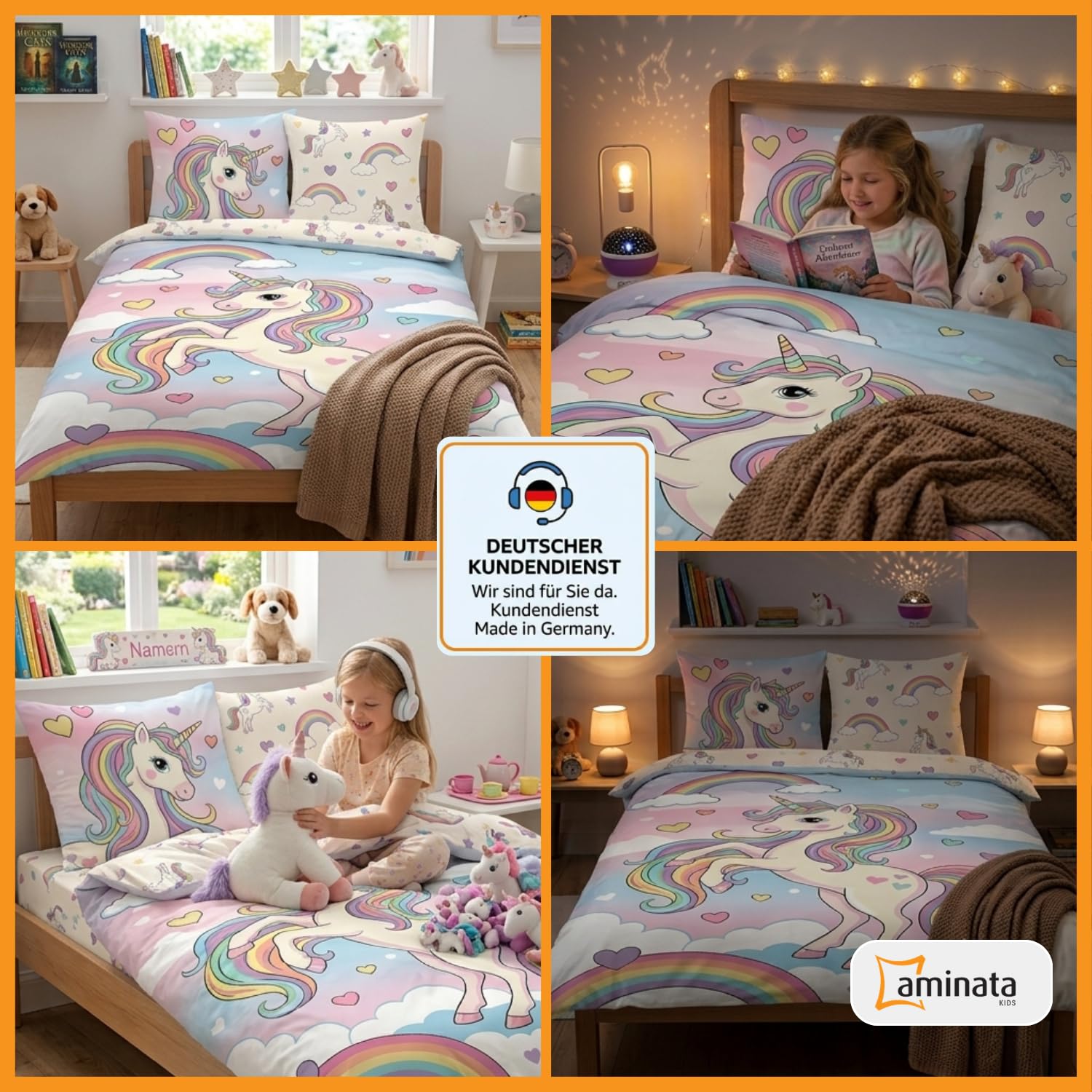 Aminata kids Bettwäsche 135x200 Einhorn-Motiv Mädchen 100% Baumwolle