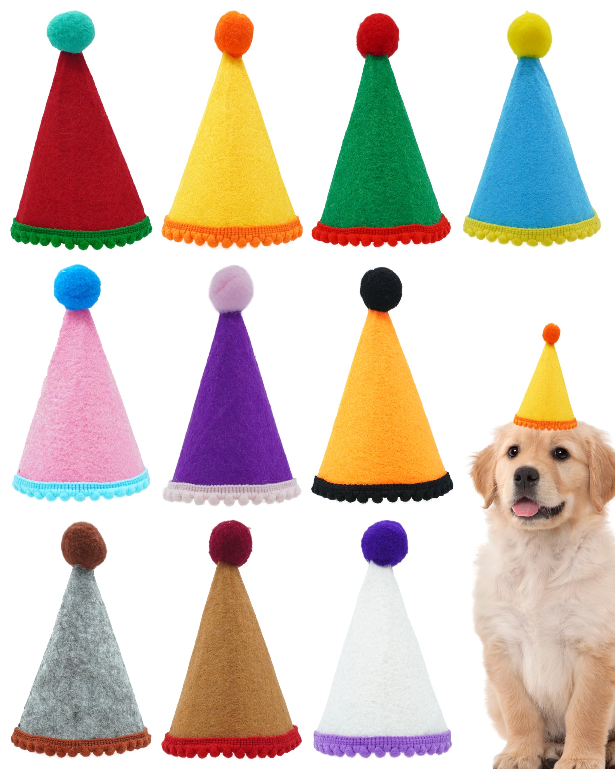 PET SHOW 10 Pack Small Dog Birthday Party Hats for Medium Dogs Stuffed Animals Adjustable Holiday Hats Felt Pom Pom Headband Pet Grooming Costume