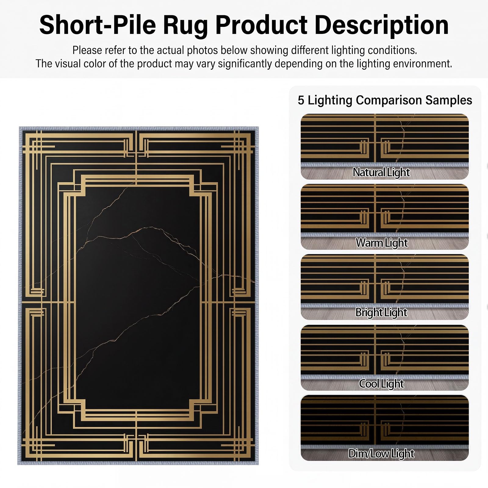 Luxe Moderne Grand Tapis Salon Antidérapant Lavable en Machine 180x240cm, Poil Ras Doux Bordure Marbre Noir Tapis pour Salle a Manger Bureau Cuisine Decoration Chambrel
