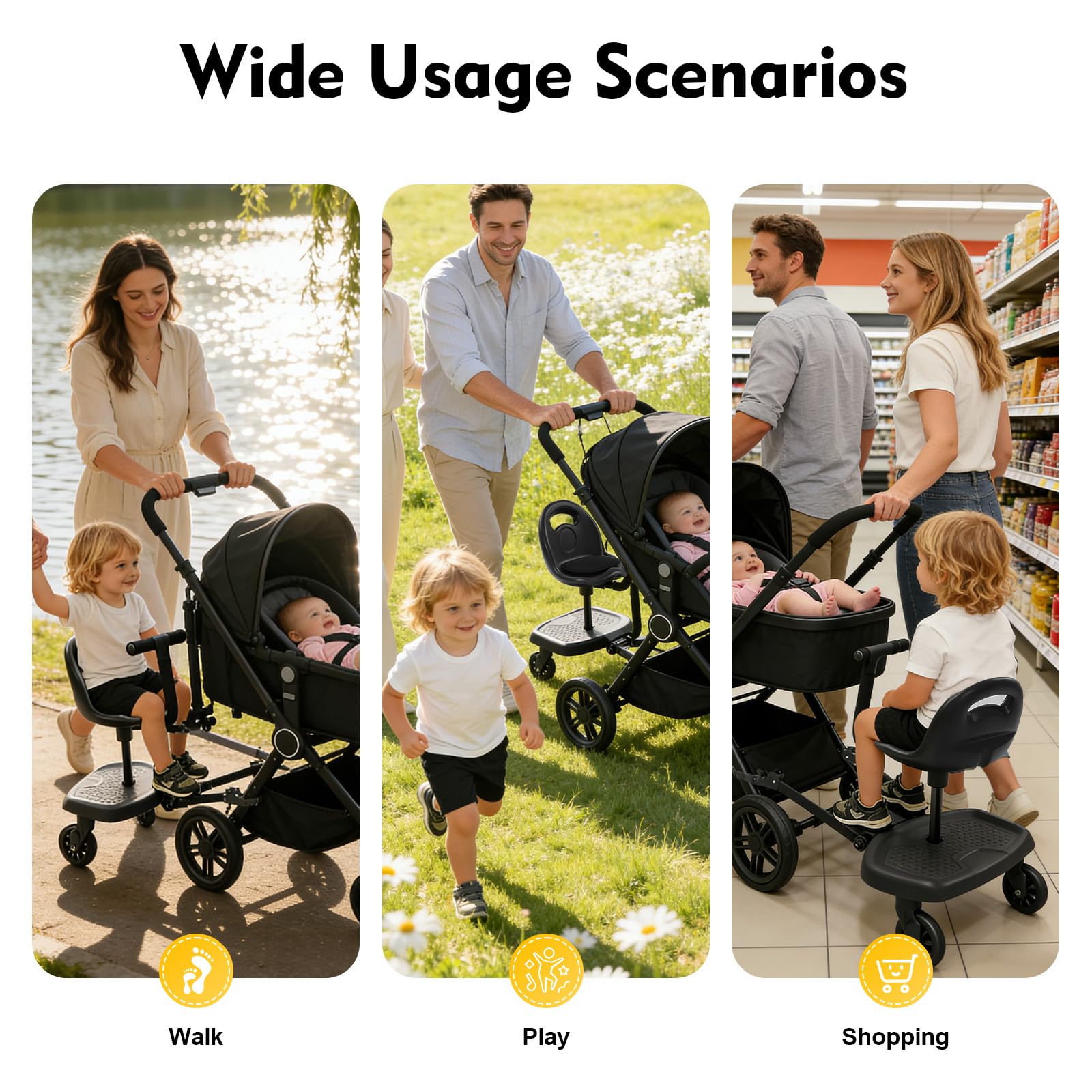 Pedana universale per passeggino, con sedile 2 in 1, portata 50 kg, per passeggino 2-6 anni, ruote girevoli a 360° con sospensioni, superficie antiscivolo