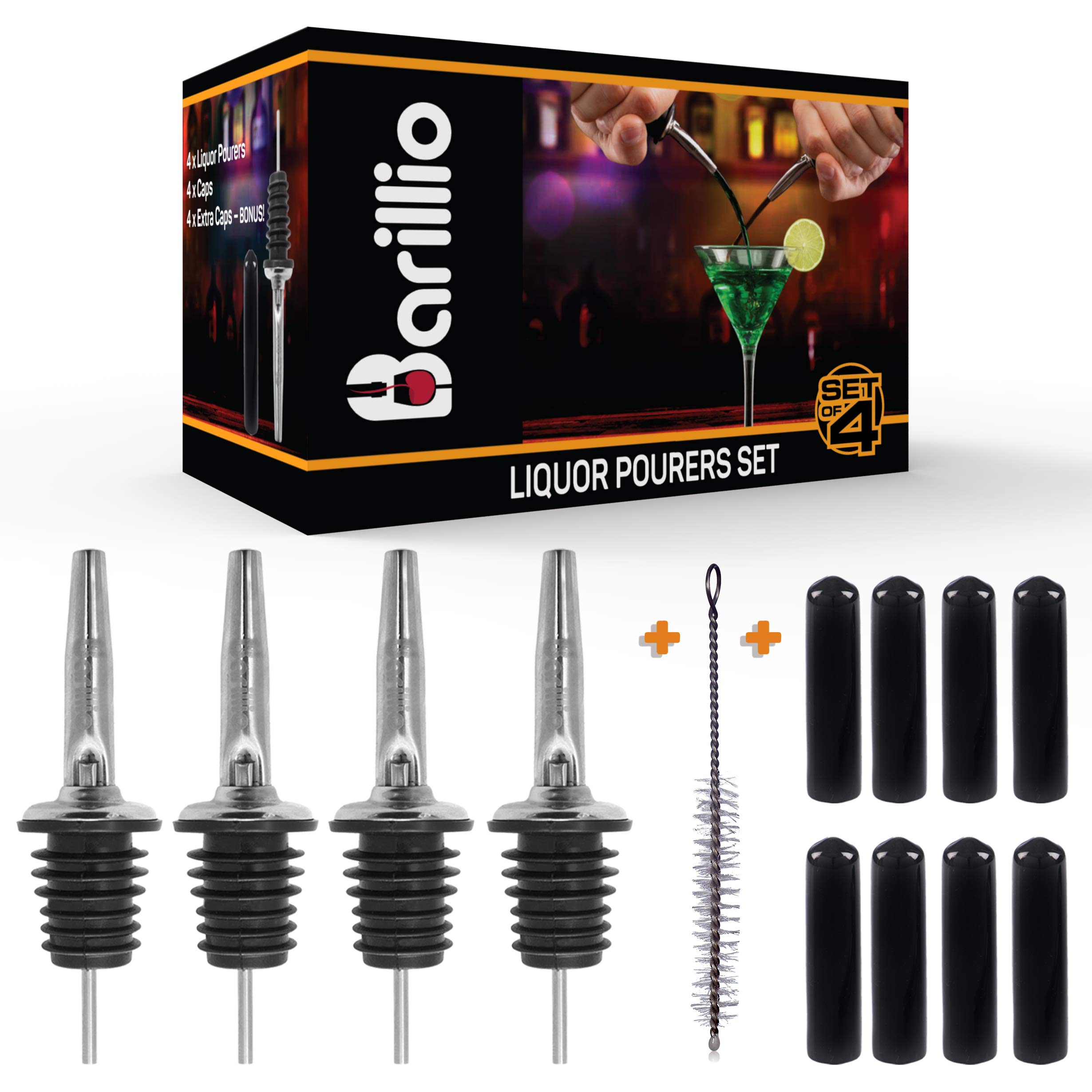 4pcs Elite Liquor Pourers | Bottle Pour Spouts + 8pcs Dust Caps + Cleaning Brush by BARILLIO - Complete Set of Free Flow Stainless Drink Pourers & Plastic Cap covers