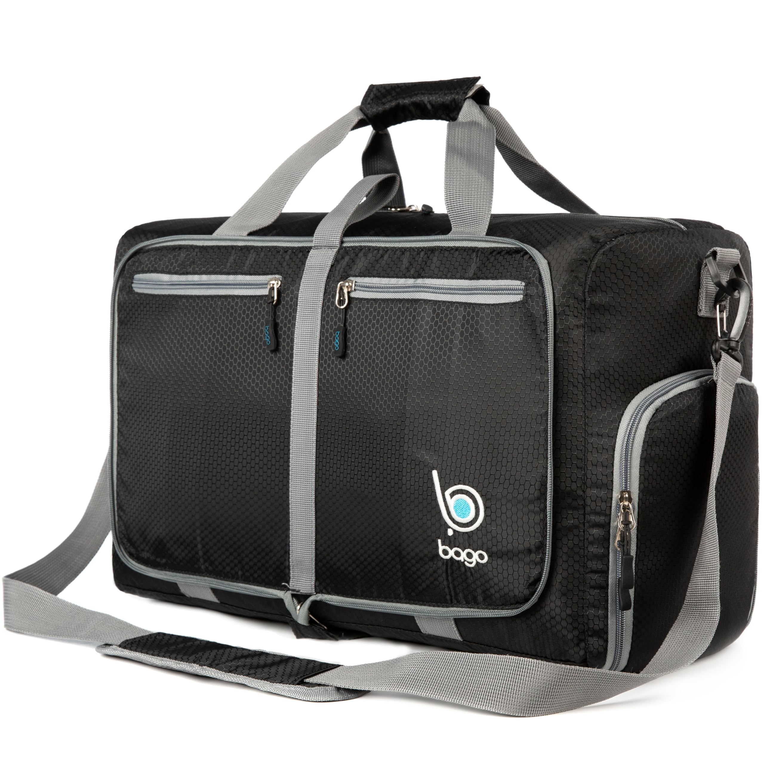 Bago Foldable Duffel Bags for Traveling Women & Men - 40L Sports Packable Duffle Bag for Travel with Shoe Compartment - Water Repellant, Heavy Duty, Lightweight Folding & Collapsible (Black)