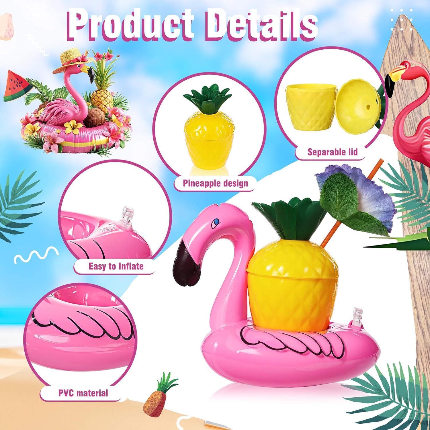 Hushee 36 Sets Pineapple Cups with Flower Straws and Inflatable Floating Flamingo Drink Holders Plastic Pineapple Cup Flamingo Coaster for Hawaiian Luau Summer Birthday Party Favor Supplies