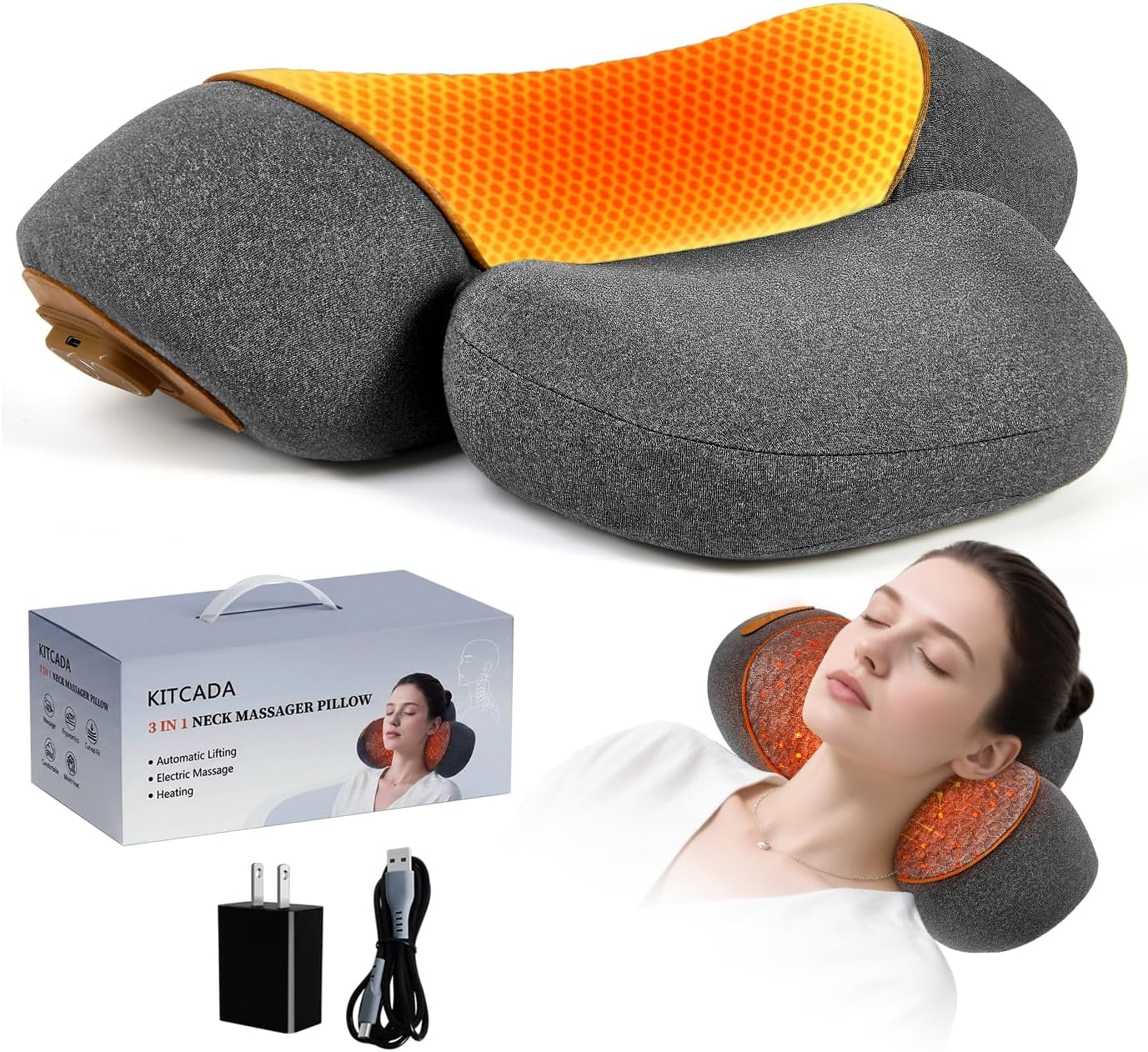 3-in-1 Rechargeable Neck Massager Pillow with Heat, Vibration & Traction, Deep Tissue Pain Relief, Neck Hump Corrector & Cervical Support for Home Office Travel (Gray) (Light Gray)