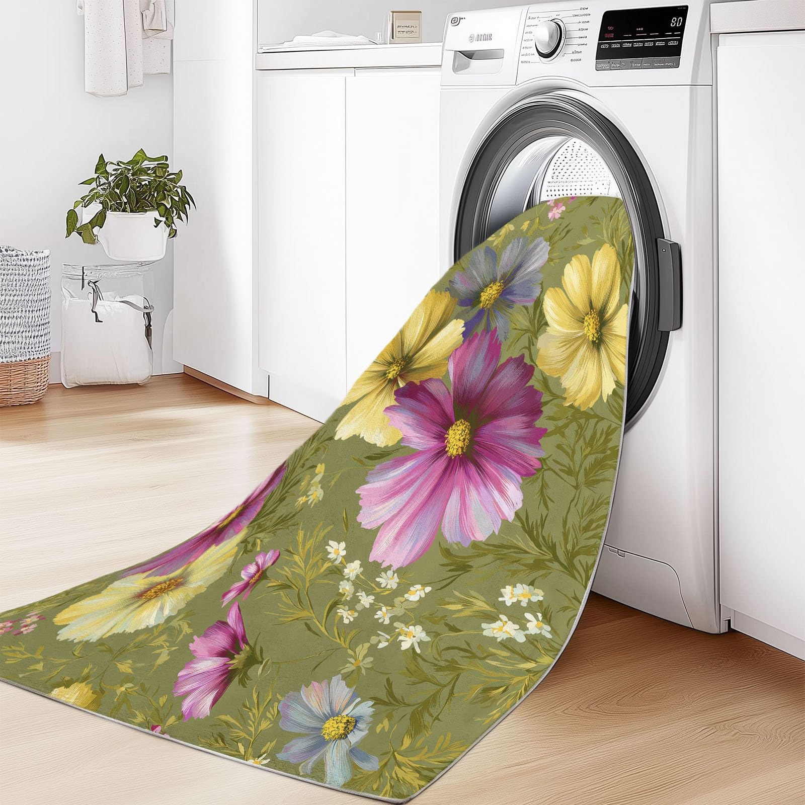 Alfombra de área de 180 x 240 cm, diseño de margaritas Cosmos con flores silvestres, lavable, antideslizante, alfombra antideslizante para dormitorio, sala de estar, alfombra de suelo de pelo corto