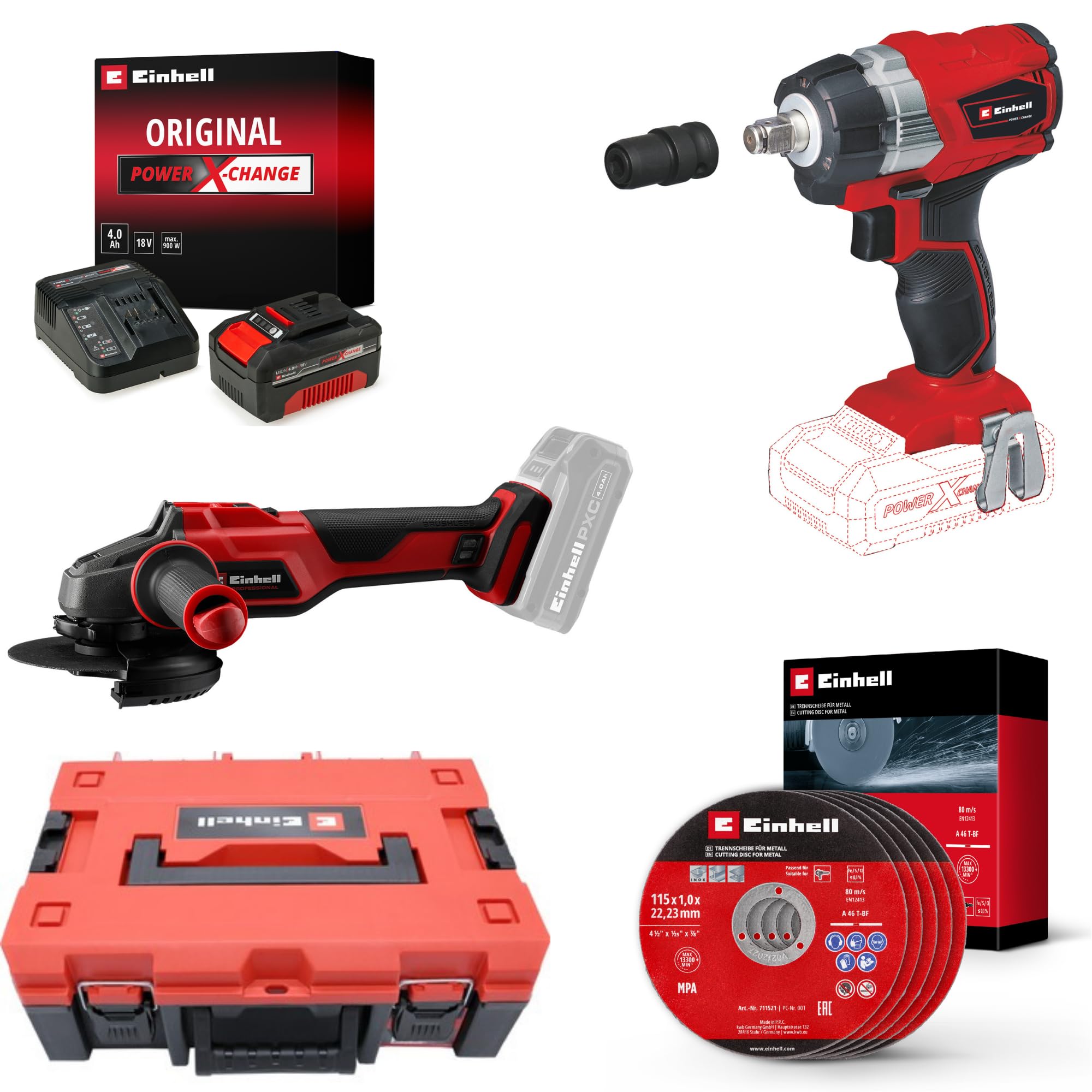 Einhell TP-CW 18 Li BL + AXXIO 18/115 Akülü Somun Sıkma ve Taşlama Seti (4,0 Ah Akü ve Şarj Cihazı, Kesici Disk ve Çanta Dahildir)