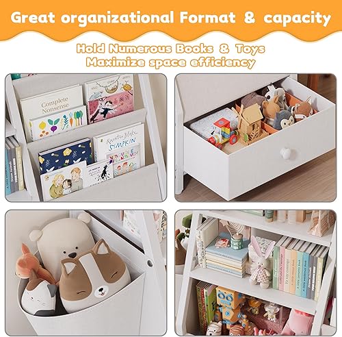 Miniatura 5 de Estantería infantil y organizador de almacenamiento de juguetes, estantería Montessori de 3 niveles para bebés y niños pequeños con bolsillos para