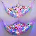 Unicorn Castle Stuffed Animals Net or Hammock Kids Toy Storage Organizer with LED Light Hanging Corner Stuffed Animals Holder Kids Girls Room Decor,Pink-Purple-Yellow,Large (Pack of 2)