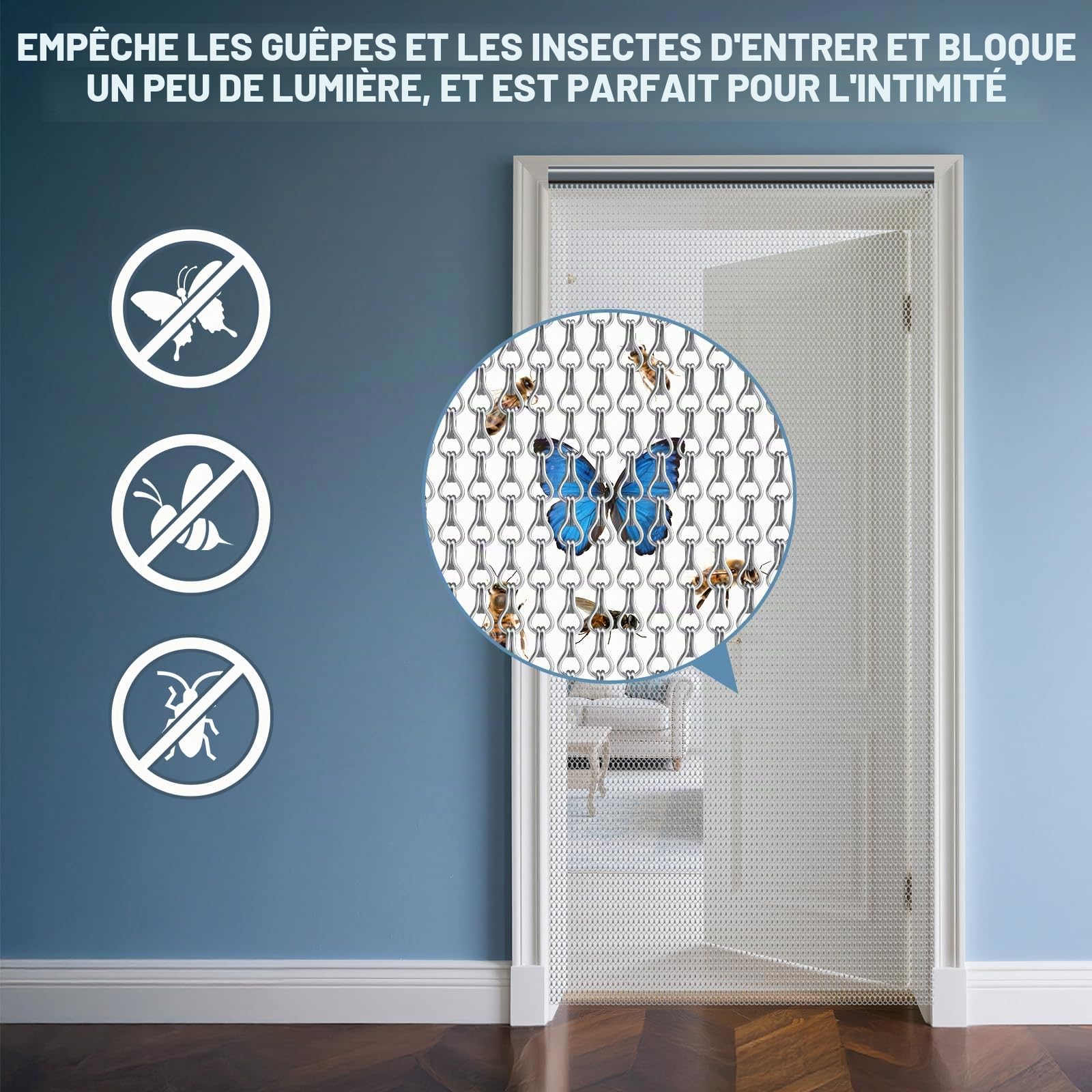 Soontrans Rideau Anti Mouche pour Exterieure, Rideau de porte en Aluminium 90 x 210cm, Rideaux Anti Mouche, Moustiquaire Métallique, Rideau à chaîne pour Les Insectes, Les Mouches, Les Guêpes(argent)