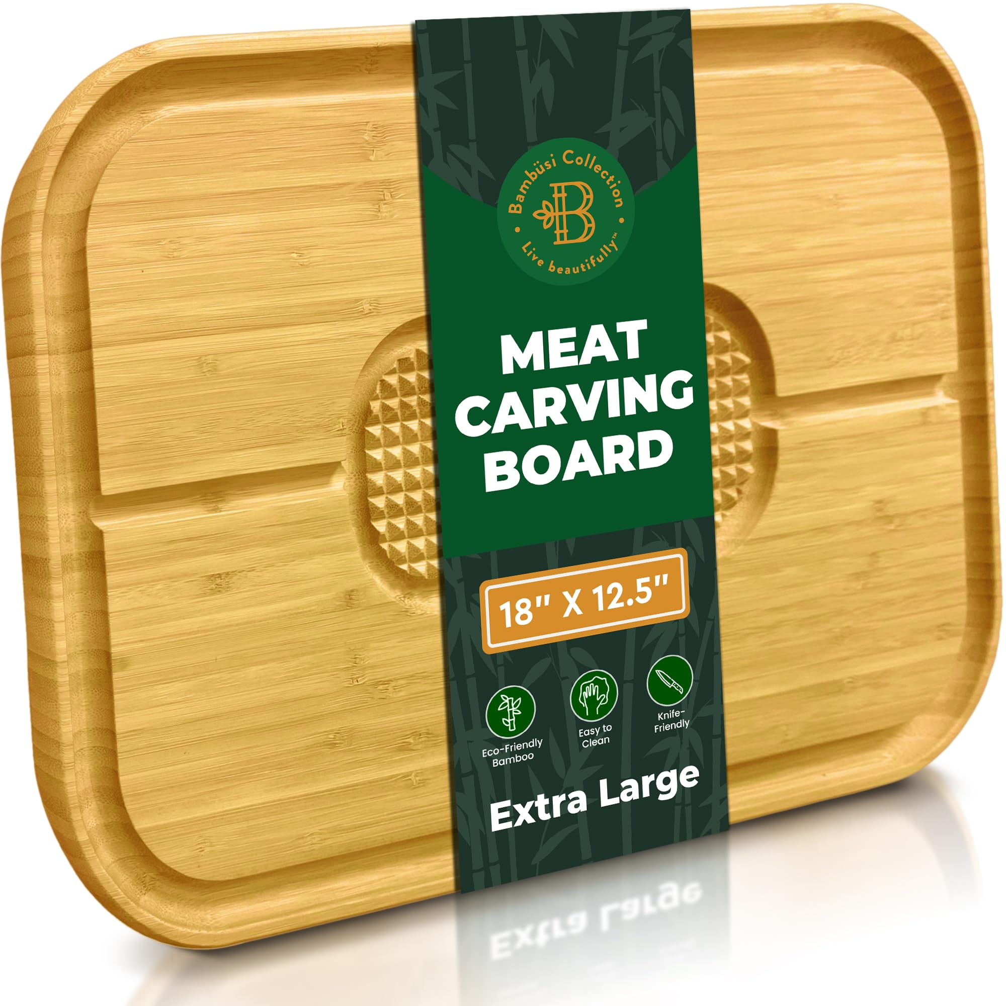 Bambusi Large Butcher Block Cutting Board - Bamboo Chopping Block for Carving Turkey - Reversible 17 x 13 x 1.5 Inch Wood Serving Tray with Juice Groove and Spikes, Stabilizes Meat While Carving