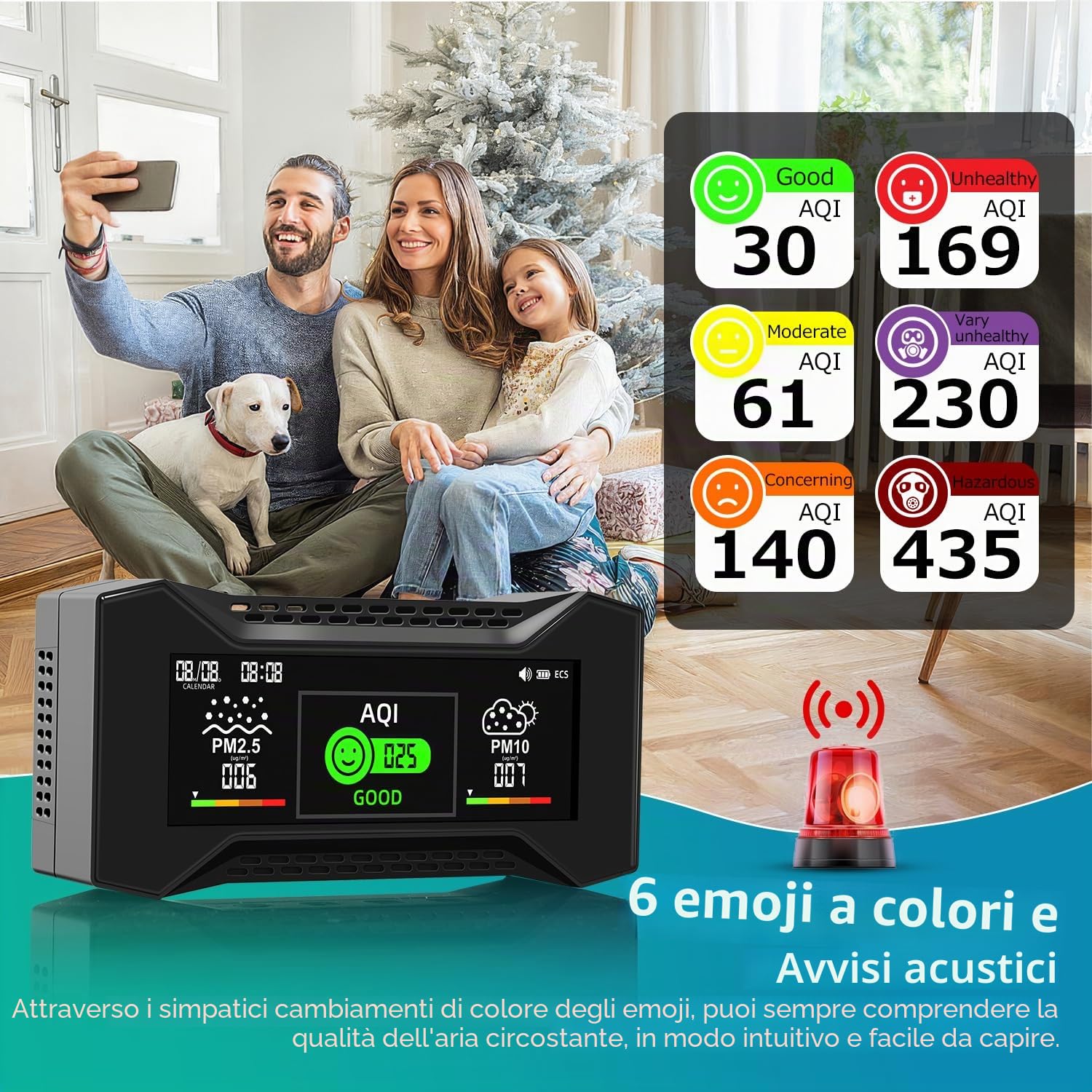 CF-20 DL Misuratore Della Qualità Dell'Aria Con Report Dei Dati, Rilevatore CO2 Che Misura CO2, TVOC, HCHO, PM2.5, PM10, AQI, Temperatura e Umidità, Display Visivo Basato Su Simboli Per Casa