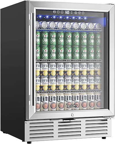 EUHOMY 24 Inch Beverage Refrigerator, 180 Can Built-in Beverage Cooler, Under Counter Beer Fridge with Glass Door for Soda, Water, Wine - For