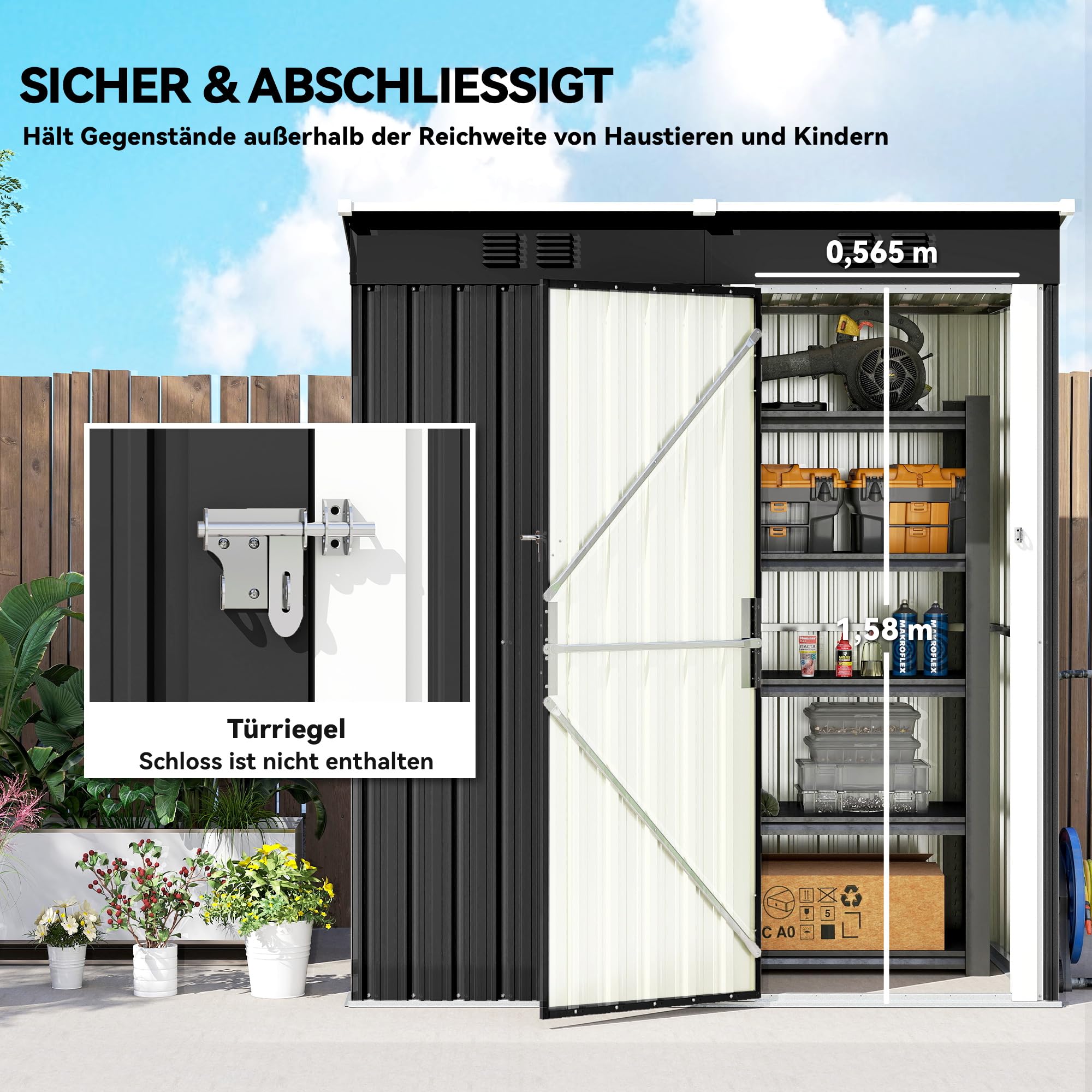 Outsunny Metalowy schowek na narzędzia 1,37 m², zamykany schowek z pochyłym dachem, wentylacją, rękawicami, 163 x 90 x 179 cm, odporny na warunki pogodowe, do ogrodu, tarasu, podwórka, ciemnoszary