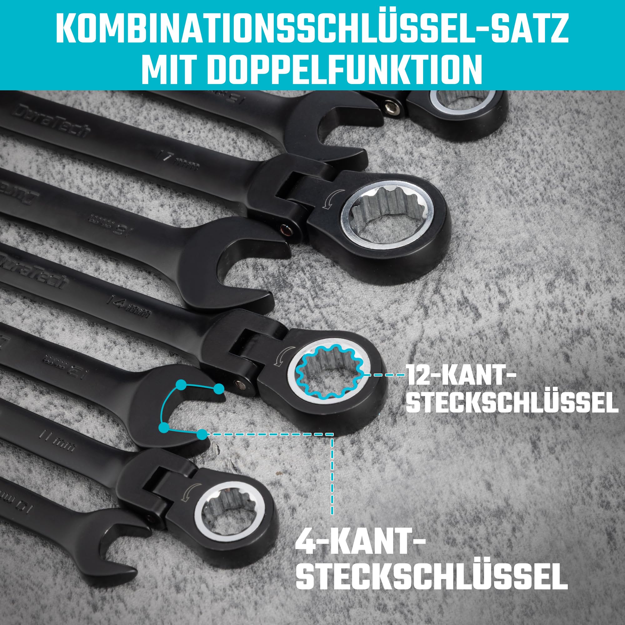 DURATECH 9-tlg. Flex-Kopf Ratschenringschlüssel Set, Cr-V Stahl, Schwarz
