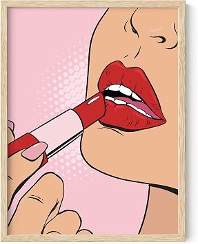 HAUS AND HUES Baddie Lips Wall Art Pop Art Poster, Red Lip Print, Boss Lady Aesthetic Room Decor Beige Frame, 12x16