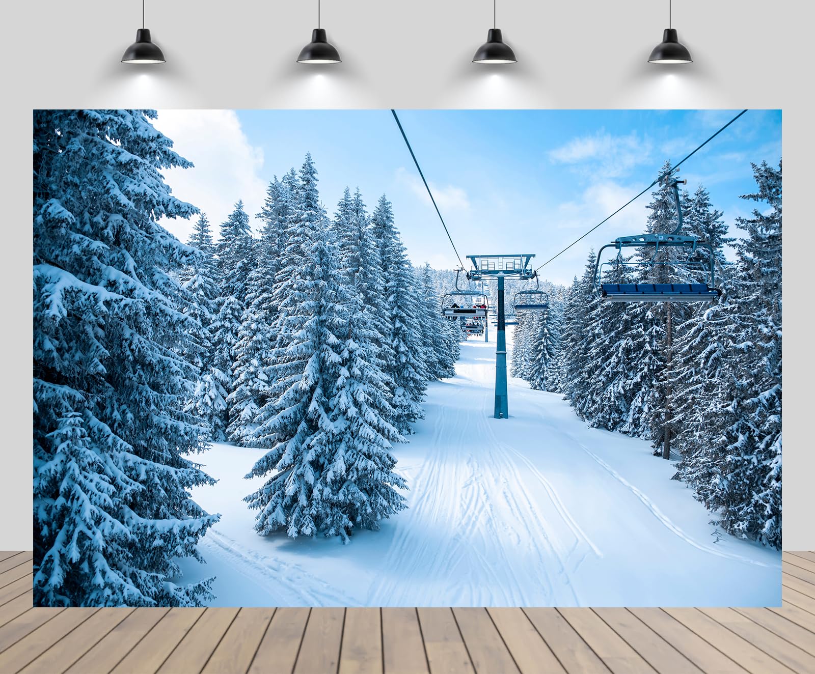 CHNYWORK 10x8ft Ski Resort Backdrop Winter Landscape Snowy Pine Forest Snow Mountain Cable Car Background Winter Holiday Ski Birthday Party Decor Kids