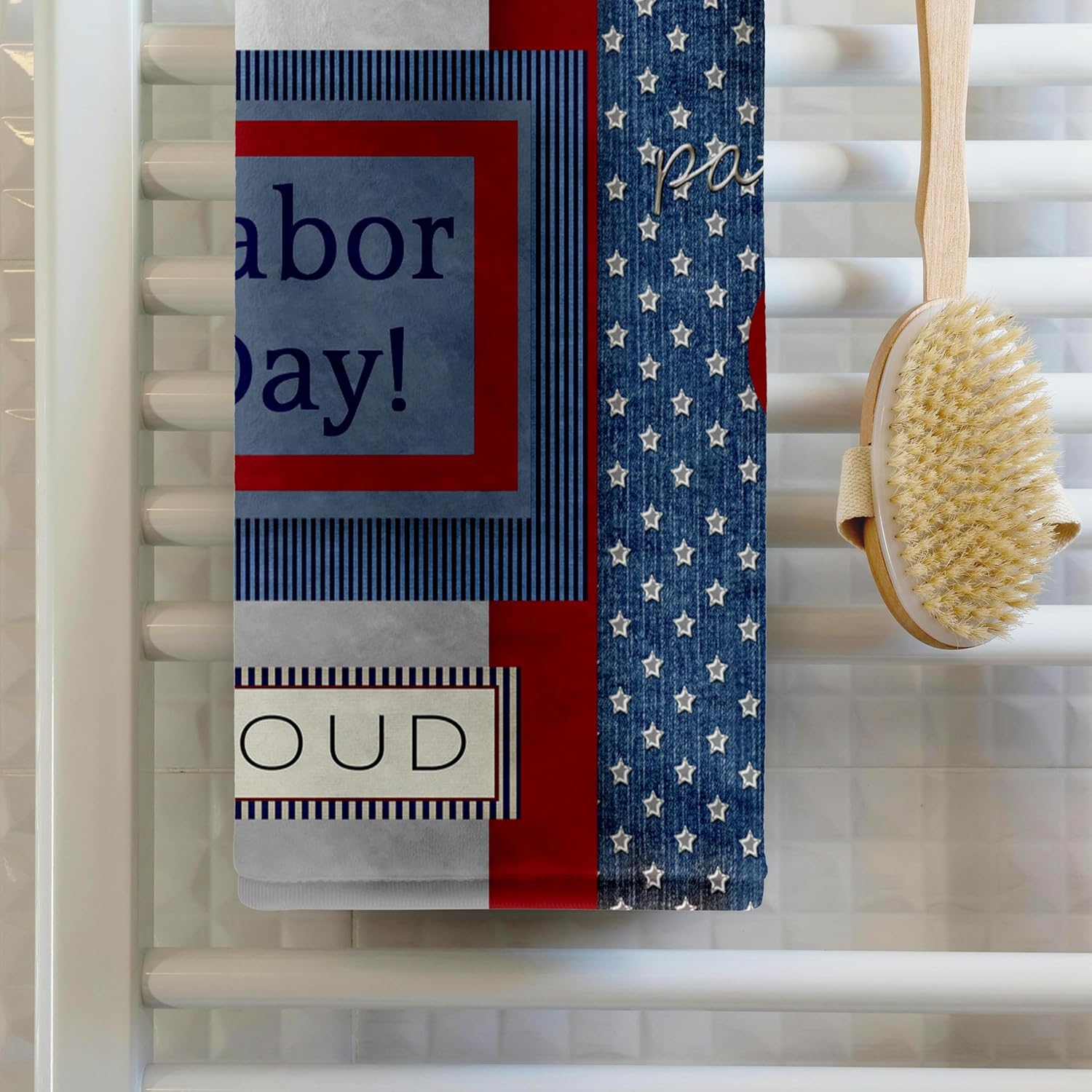 3dRose Patriotic Stars and Words in Blue, Silver, White and Red, Labor Day 22x30 Bath Hand Pool Towel