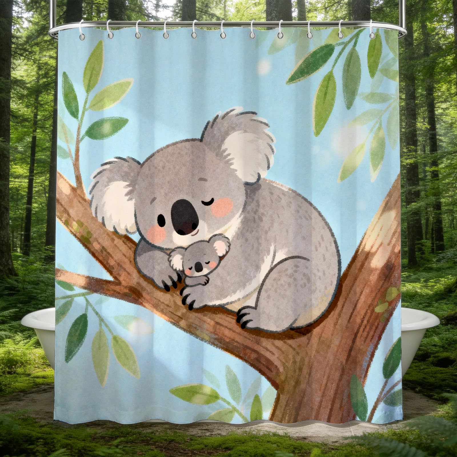 Hongduo 3D Cartoon Koala Shower Curtain for Stalls Bathtubs Natural Theme Bathroom Decor Shower Curtain Set Polyester Fabric Waterproof 180x200cm/71X79 Inch with Hooks