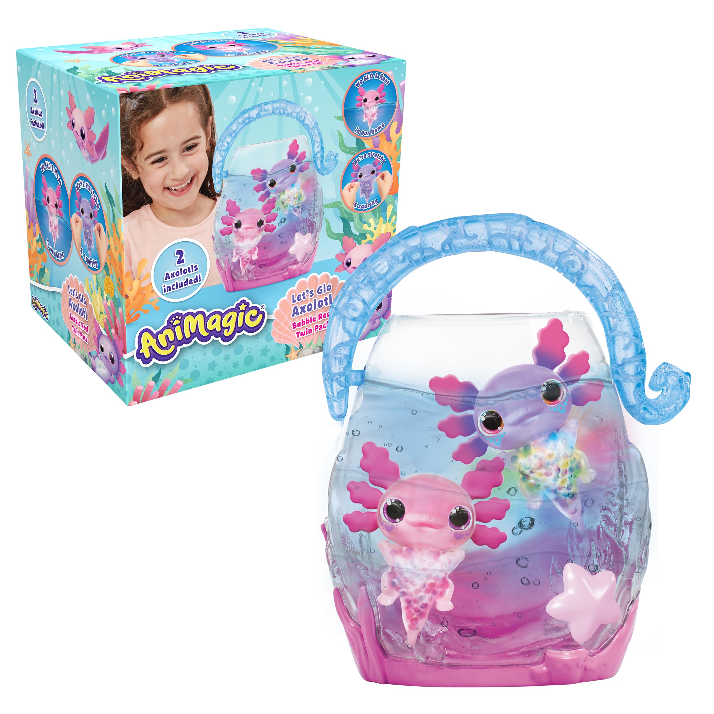 Animagic: Let's Glo Axolotl Bubble Reef Twin Pack | Portable Magic Bubble Aquarium | Also Includes 2 Let's Glo Axolotl | Interactive Electronic Pets | For Kids Aged 4+