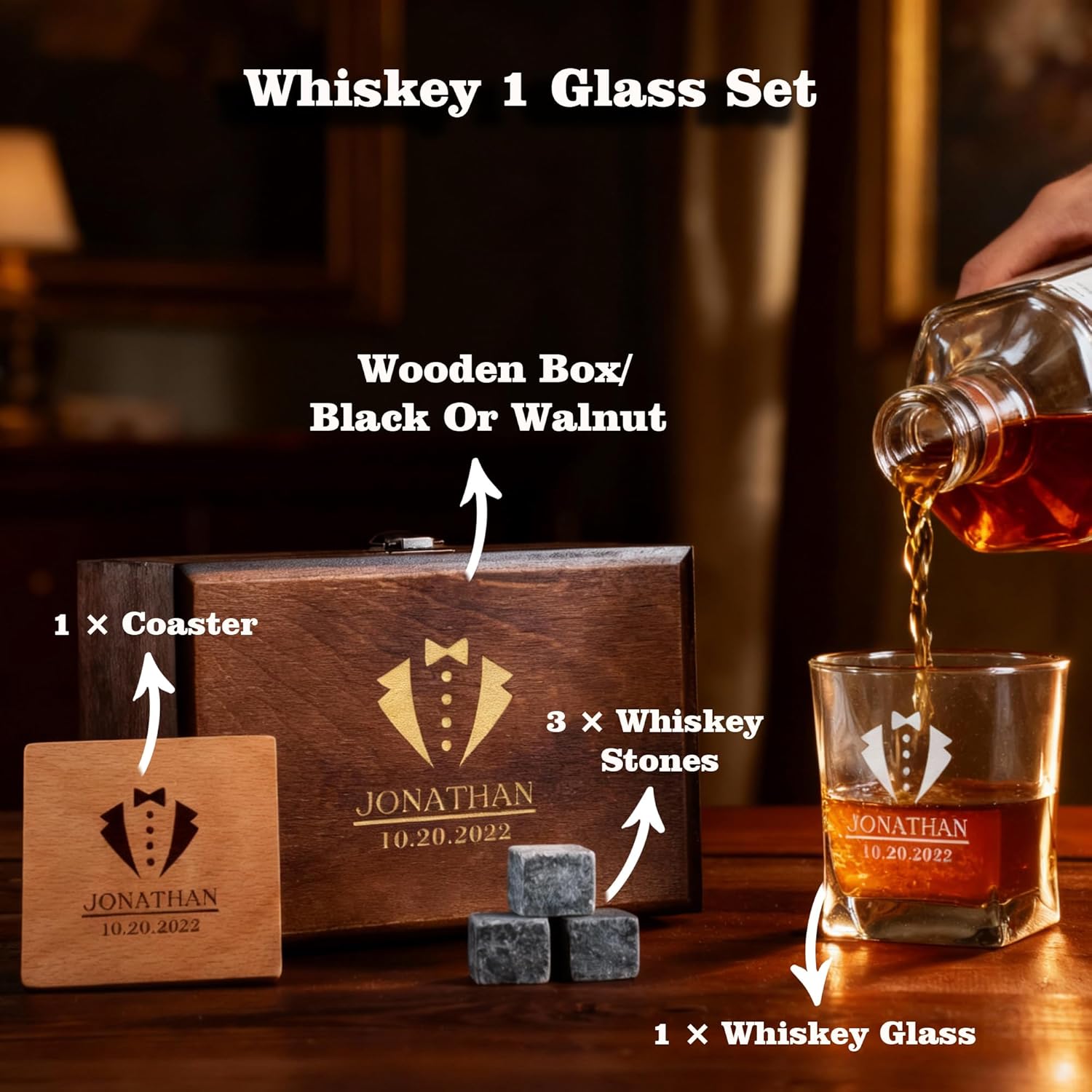 Personalized Whiskey Glass Gift Set – 10.25 oz Engraved 1 Bourbon Glass & 3 Stones & 1 Wooden Coaster with Wooden Box,Old Fashioned Cocktail Glass, Groomsmen & Father’s Day Gift.