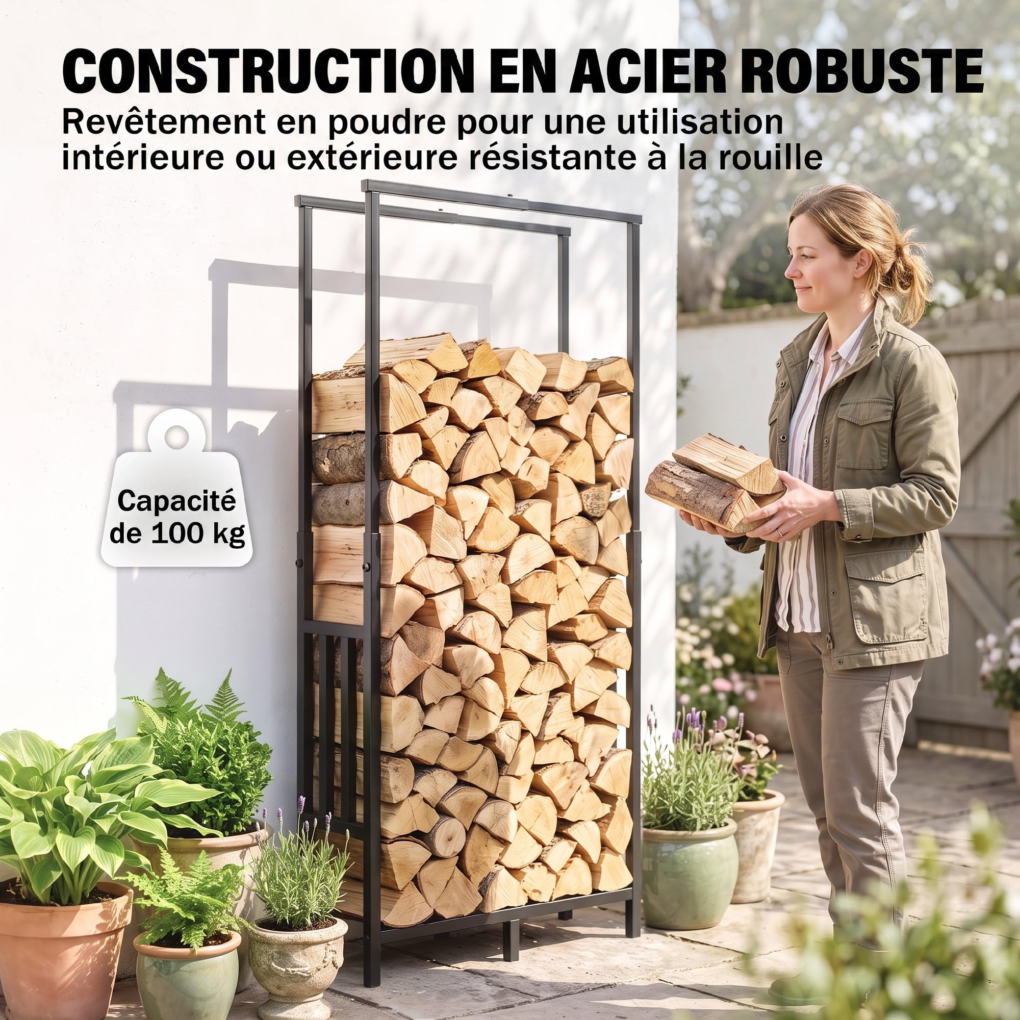 Outsunny Range Bûches en Acier - 100 kg 45,5-75,5 x 25 x 98-170 cm Noir