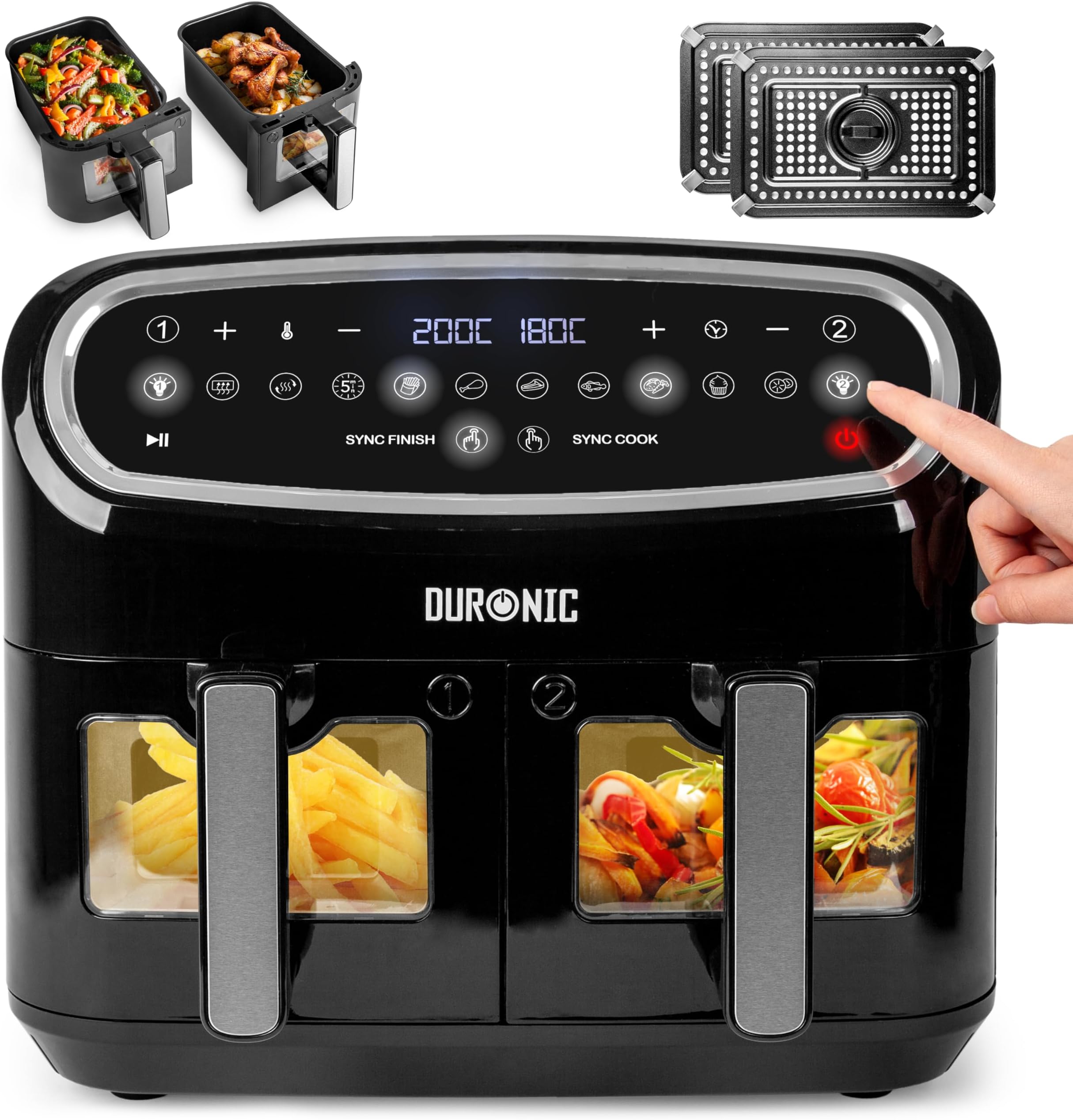 Duronic AF24 Dual Air Fryer, 10L Large Capacity Digital Air Fryer with Dual Zone Baskets, 10 Cooking Presets, Sync Cook & Finish, 2400W Fast Cooking, Viewing Window, Dishwasher-Safe – Family Size