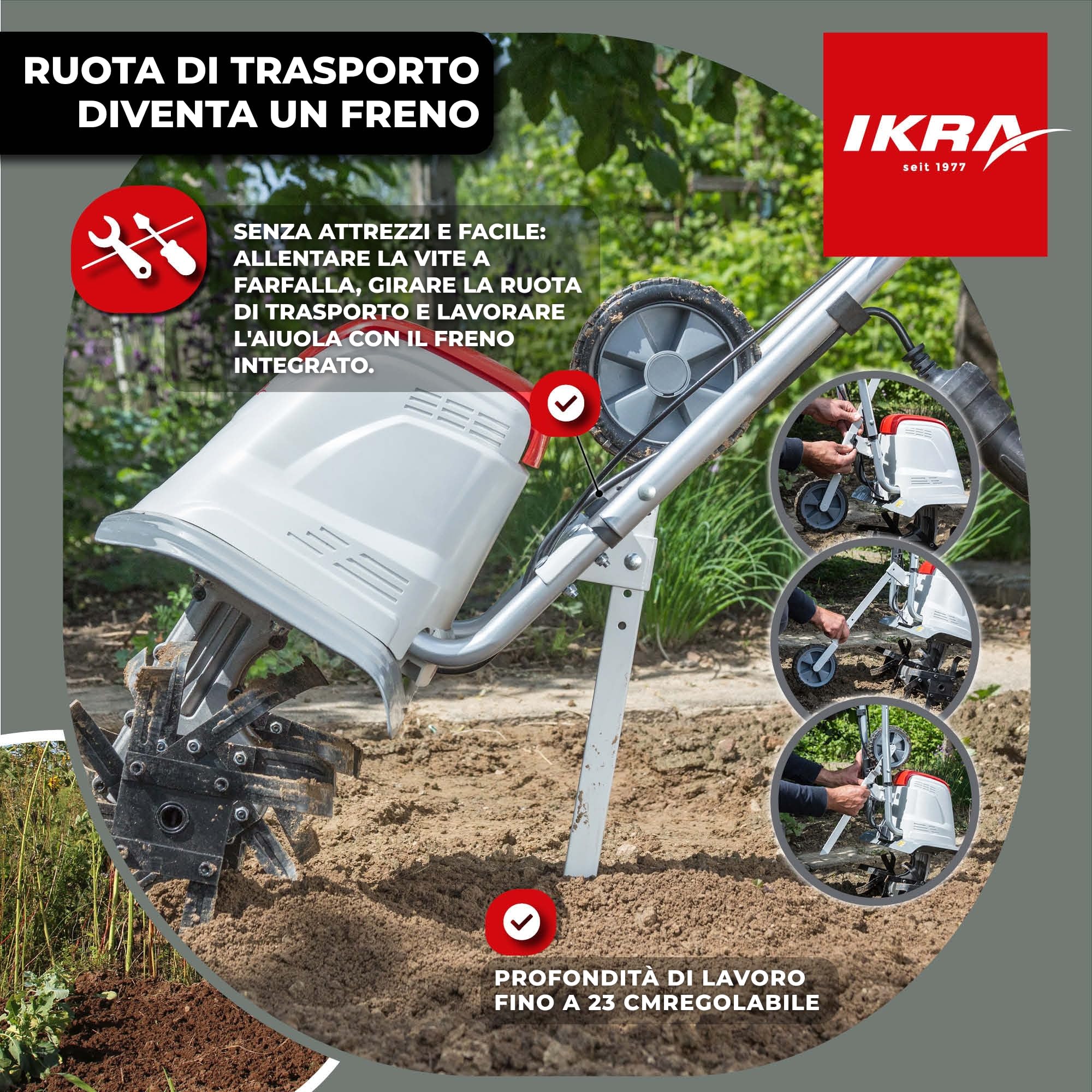 IKRA motozappa FEM 1500, larghezze 17, 30 e 45 cm, aratro per rincalzatura | Zappatrice elettrica, 1500 W, profondità 23 cm, sperone frenante, ruota di trasporto, pieghevole, protezione da sovraccarico