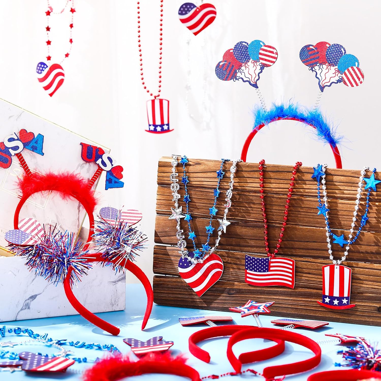 36 Pcs 4th of July Accessories Set Patriotic Red White and Blue Headbands Bulk Bead Necklaces for Memorial Day Independence Day 250th Anniversary Celebrations Parades Decorations Party Photo