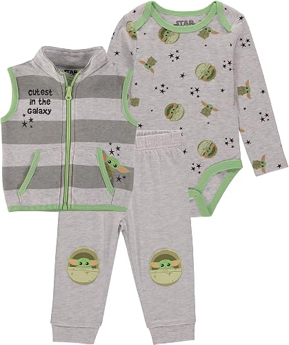 STAR WARS Baby Boys Clothing 3-Piece Set - Baby Bodysuit, Pants, and Vest with Baby Yoda Print Baby Clothes