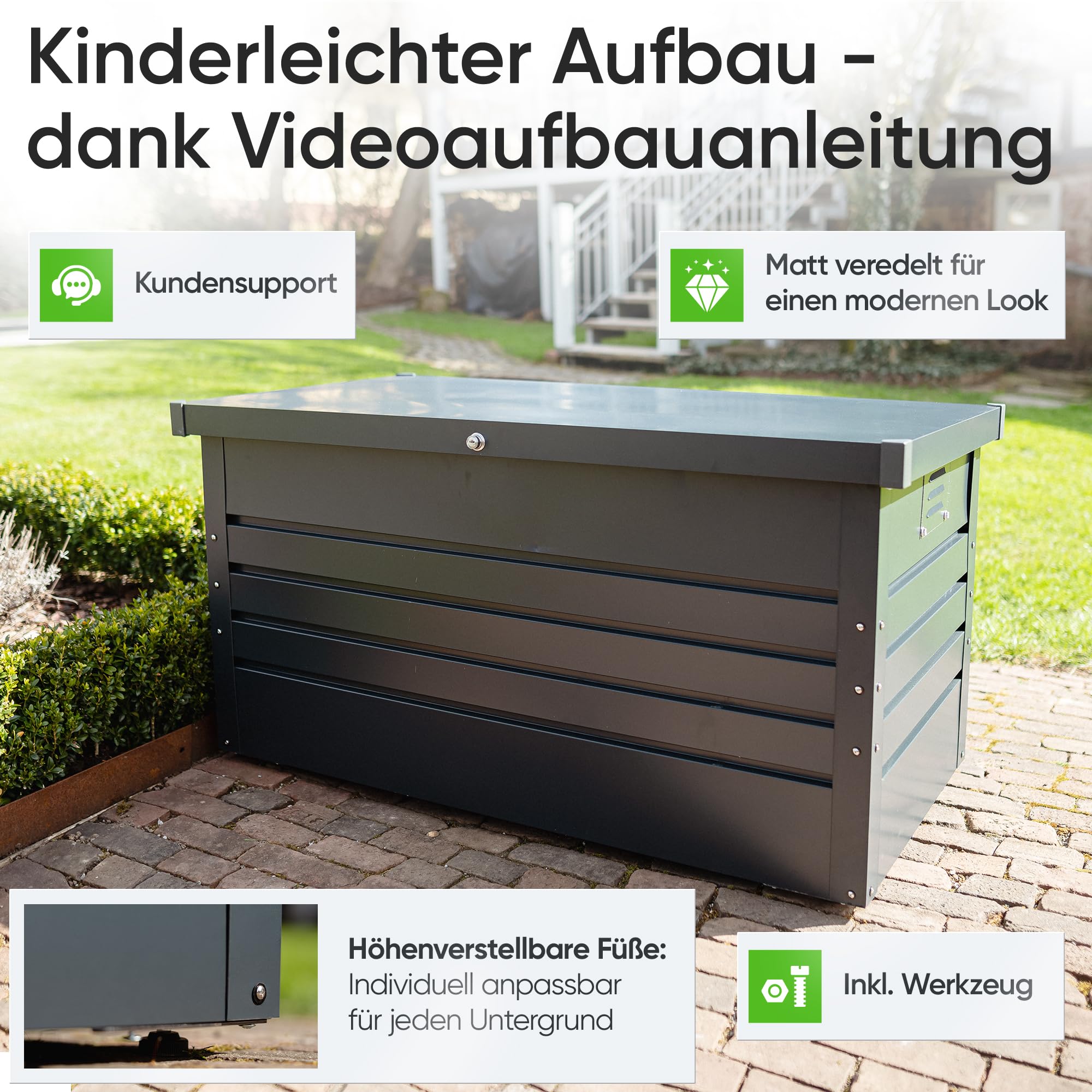 Auflagenbox [Wasserdicht] 385L Metall Gartenbox Kissenbox Outdoor Belüftet für Terrasse Garten Balkon Polsteraufbewahrung Wetterfest Abschließbar XXL Gartentruhe