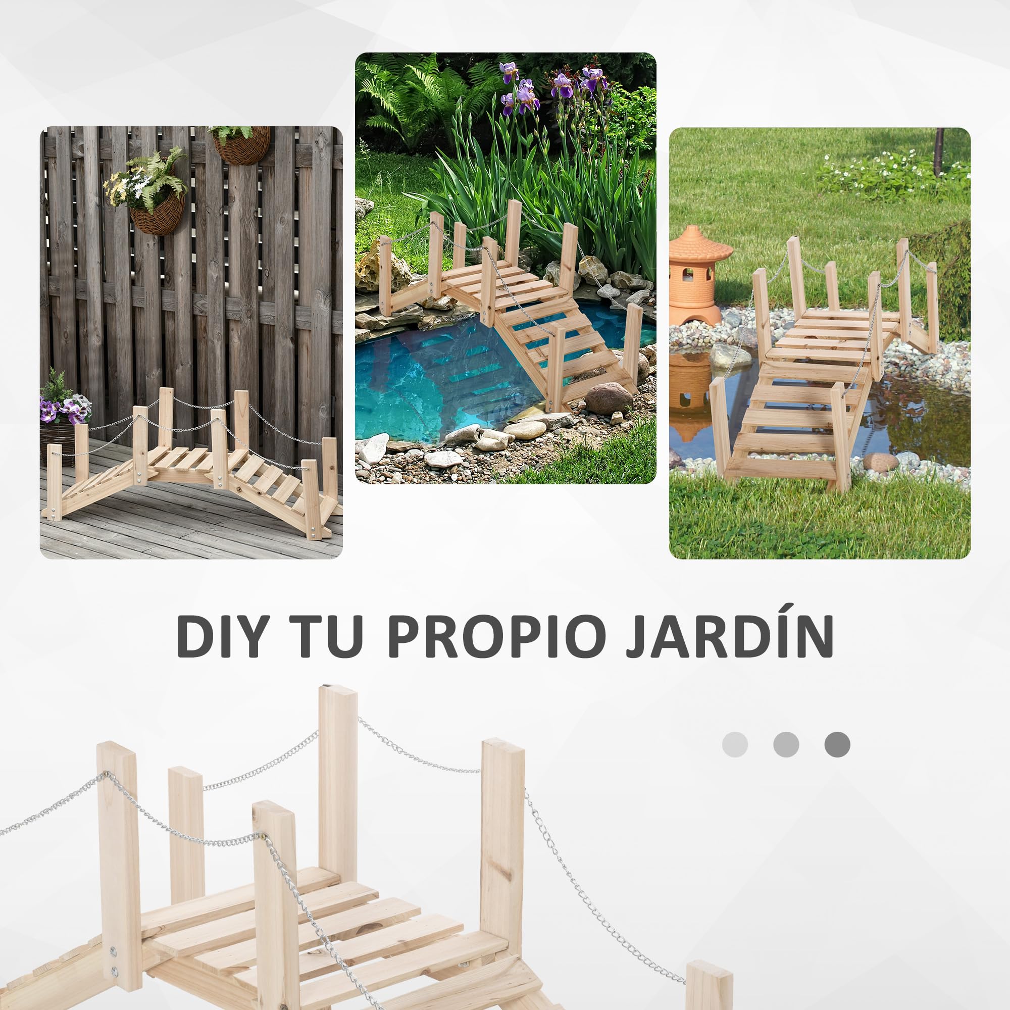 Outsunny Puente de Jardín de Madera con Pasamanos de Cadenas Metálicas Puente Decorativo para Estanque Carga 5 kg para Decoración Patio 100x32x48 cm Madera Natural
