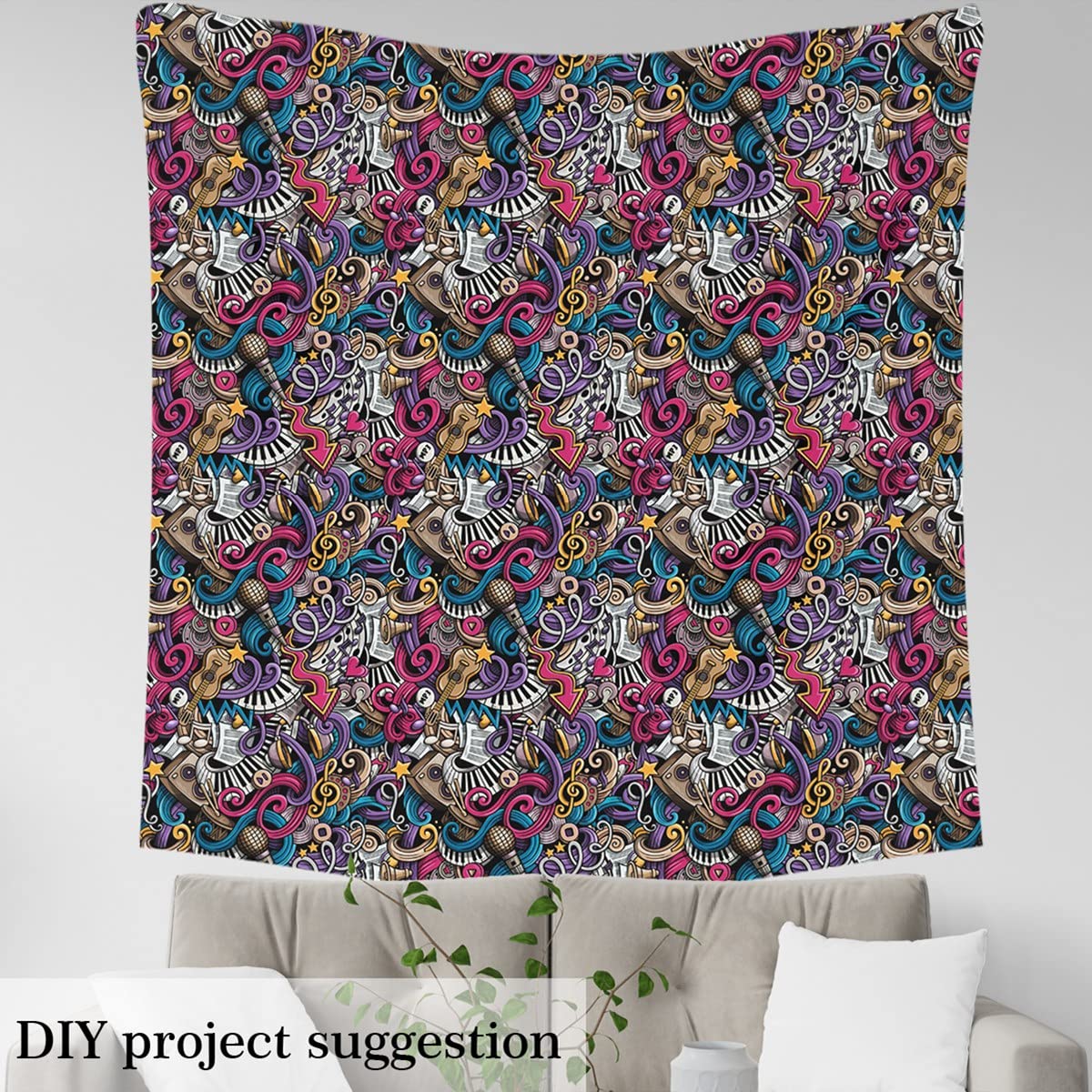 Music Upholstery Fabric for Chairs,Colorful Musical Hippie Graffiti Outdoor Fabric by The Yard,Hip Hop Doodles Fabric for Upholstery and DIY Projects,1 Yard,(L92*W150cm) Pink Brown - Image 3