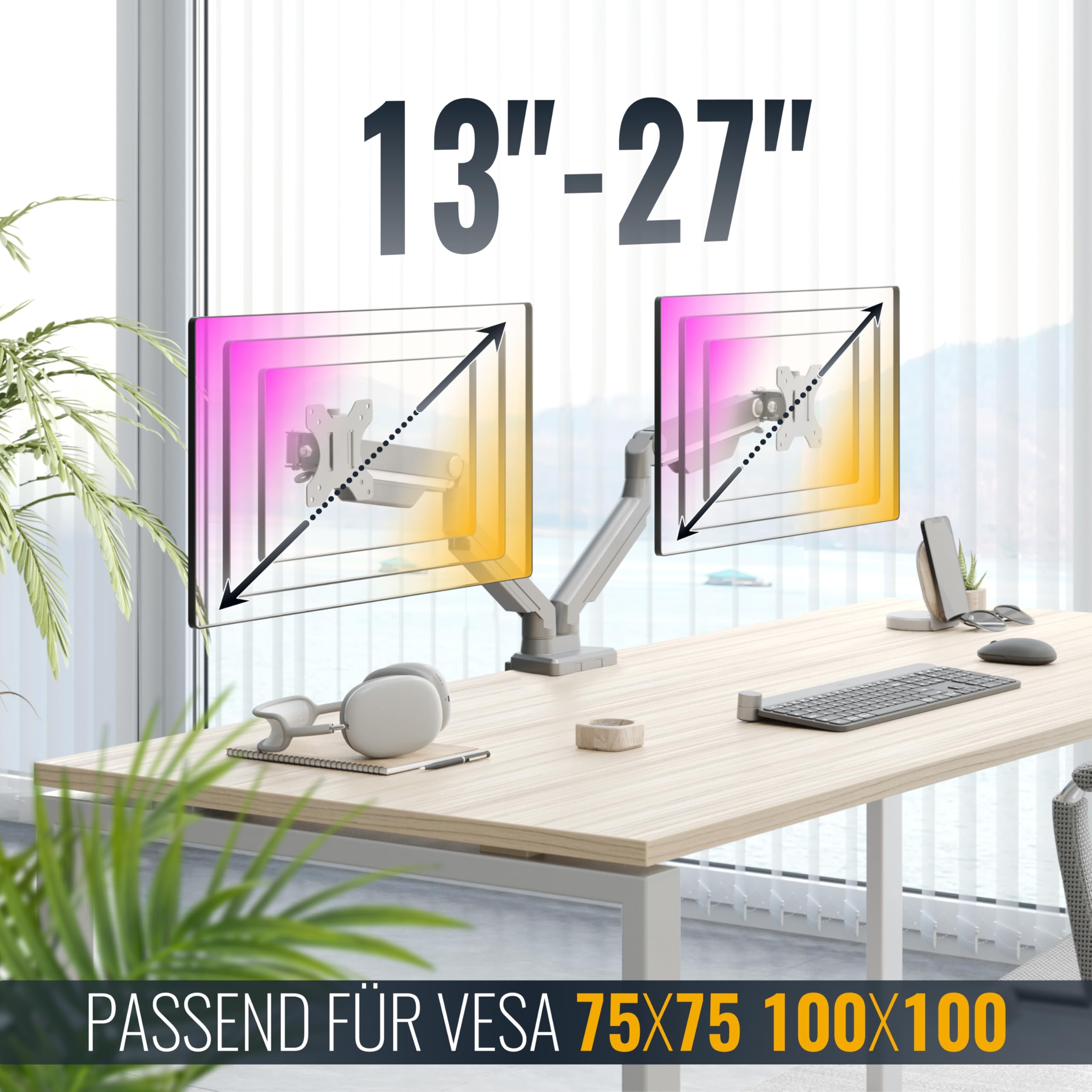 RICOO Monitor Halterung 2 Monitore Bildschirmhalterung Dual Monitor-Arm Monitorhalterung Ständer Arme für 13-27 Zoll Computer-Monitore PC Gaming Bildschirm TS8811 Stand Tischhalterung Monitor-Halter