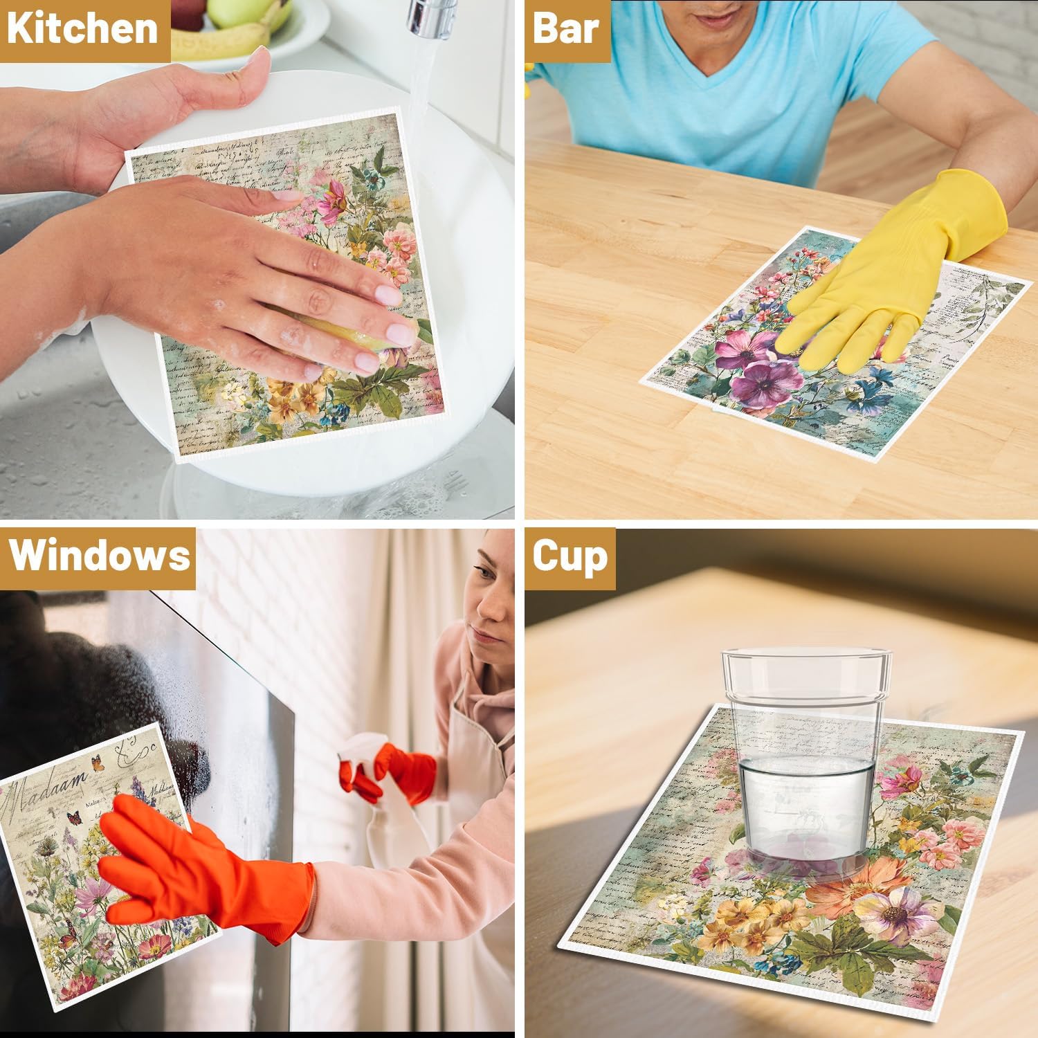 Floral Swedish Dishcloths for Kitchen, 6PCS Vintage Flower Swedish Dish Cloths Gift Set, Reusable Absorbent Cellulose Sponge Dish Towel for Home Cleaning(7.8 X 7 Inches) - Image 6