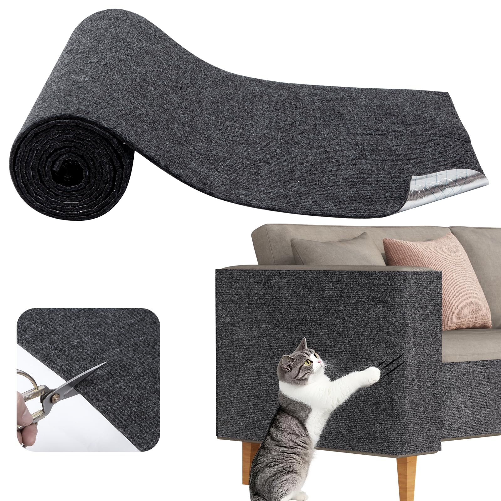 Cat Scratch Furniture Protector, 78.7''x15.7'' Adhesive Scratcher Pad Deterrent for Couch Sofa and Chair,DIY Cat Climbing Scratch Pad for Indoor Cats (Grey)