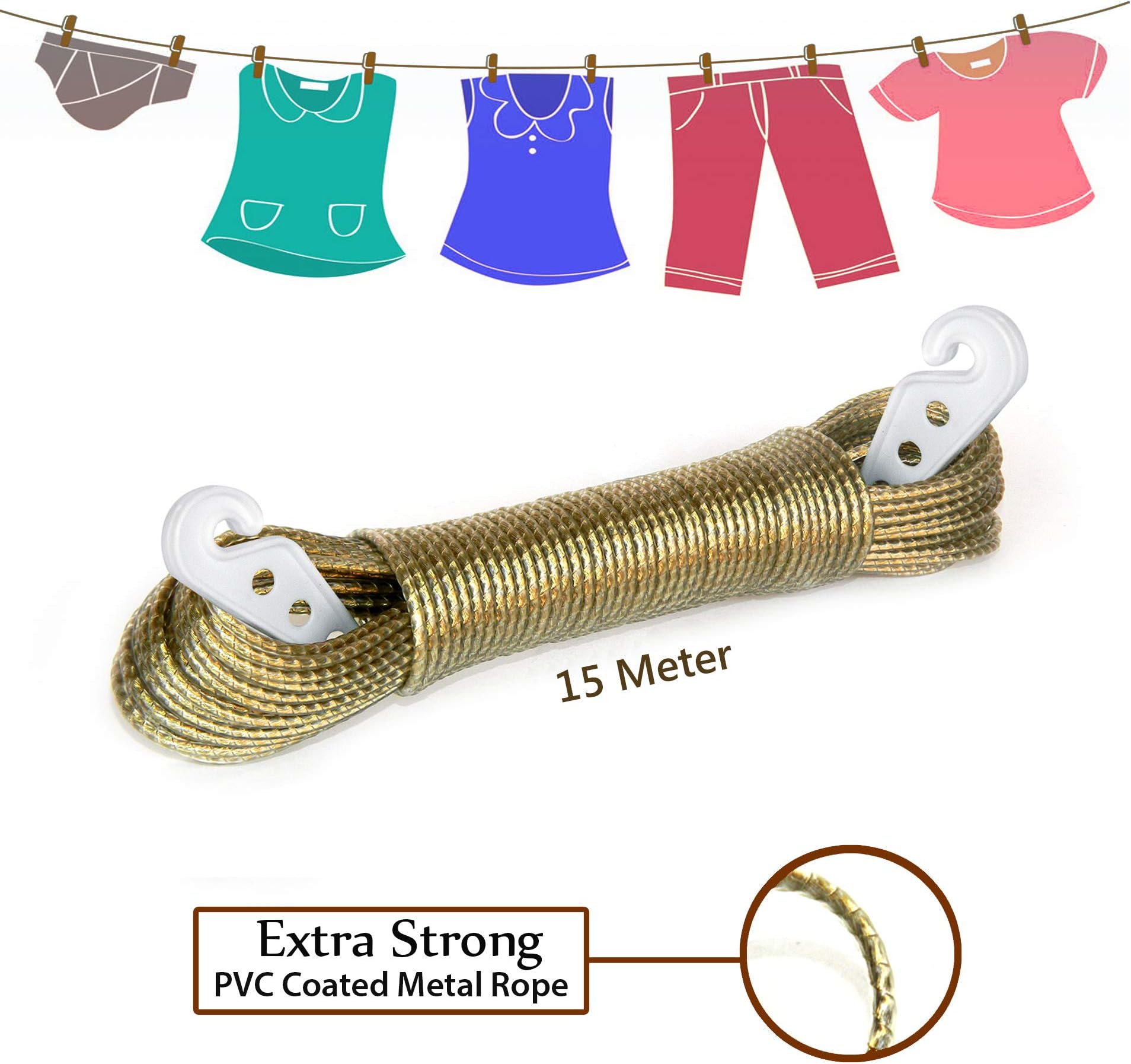 VESZON® Clothesline Heavy Duty Wet Cloth Laundry Rope with Hook PVC Coated Metal Cloth Drying Wire -15 Meter