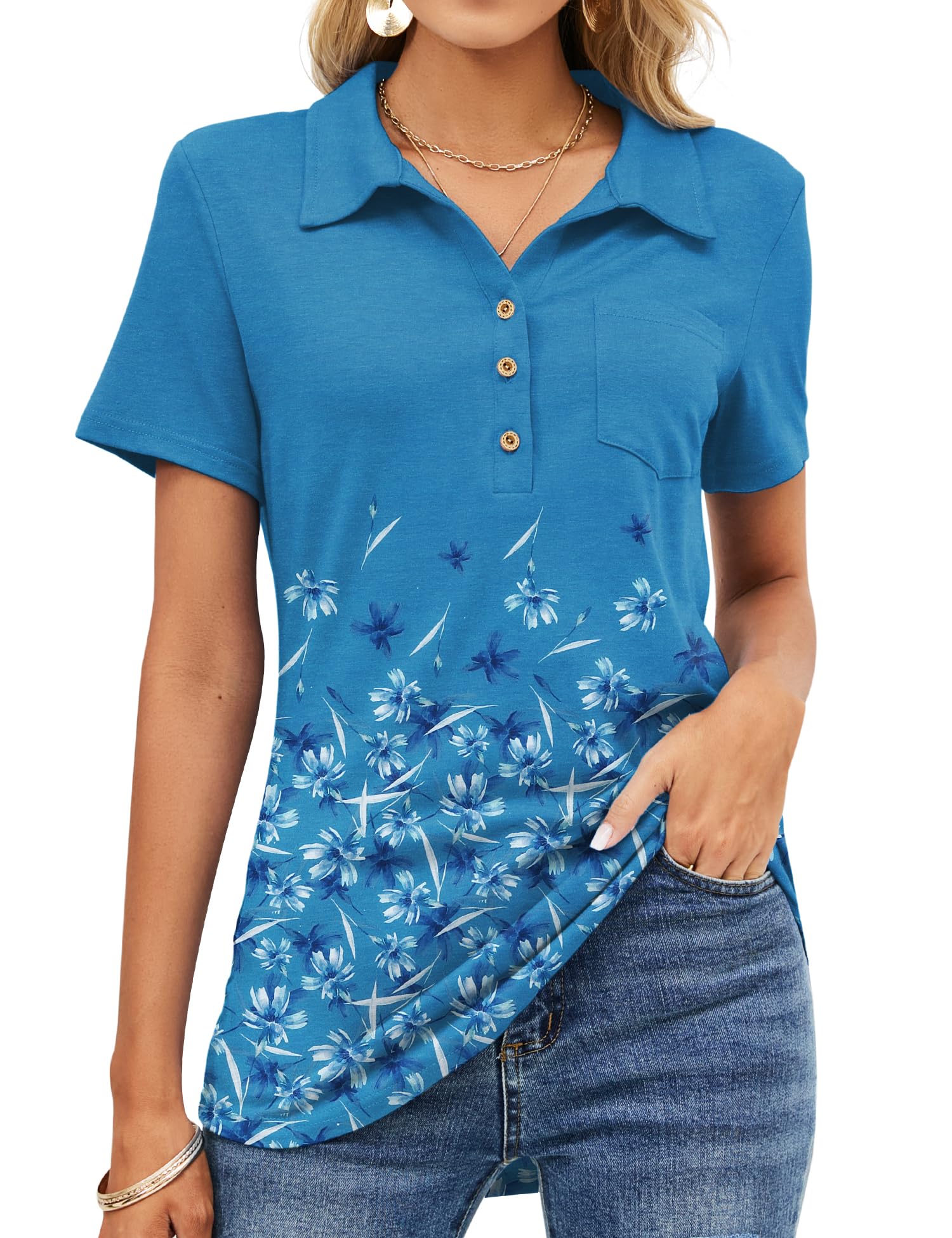 TFSDODWomens Short Sleeve Polo T Shirts V Neck Business Casual Collared Button Down Tunics Office Work Tops with Pocket