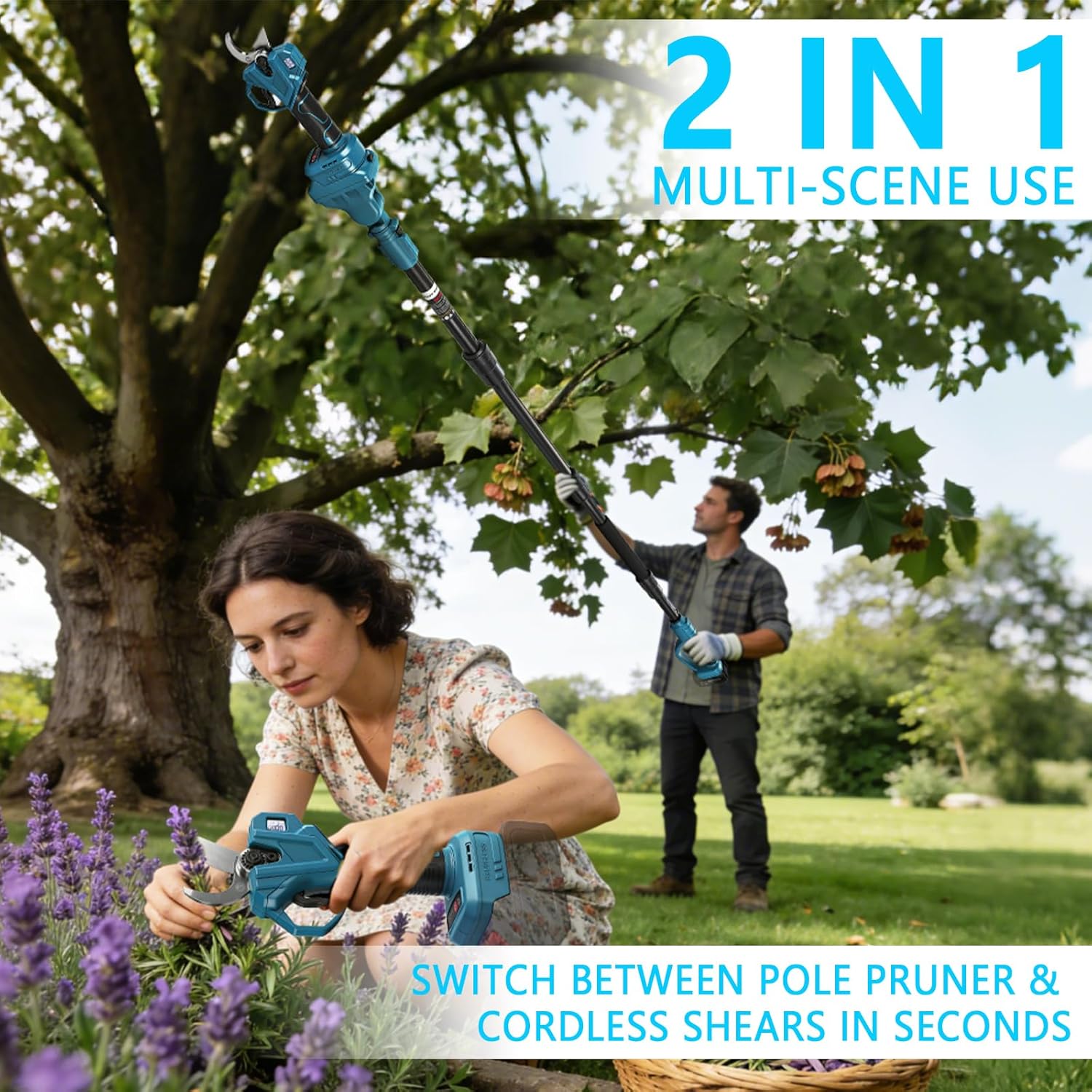 Cordless Pruning Shears Compatible with Makita 18V Electric Pruning Shears with Extension Pole up to 4.57m Range, LCD Display 35 mm Battery Pruning Shears & Loppers for Garden (No Battery)