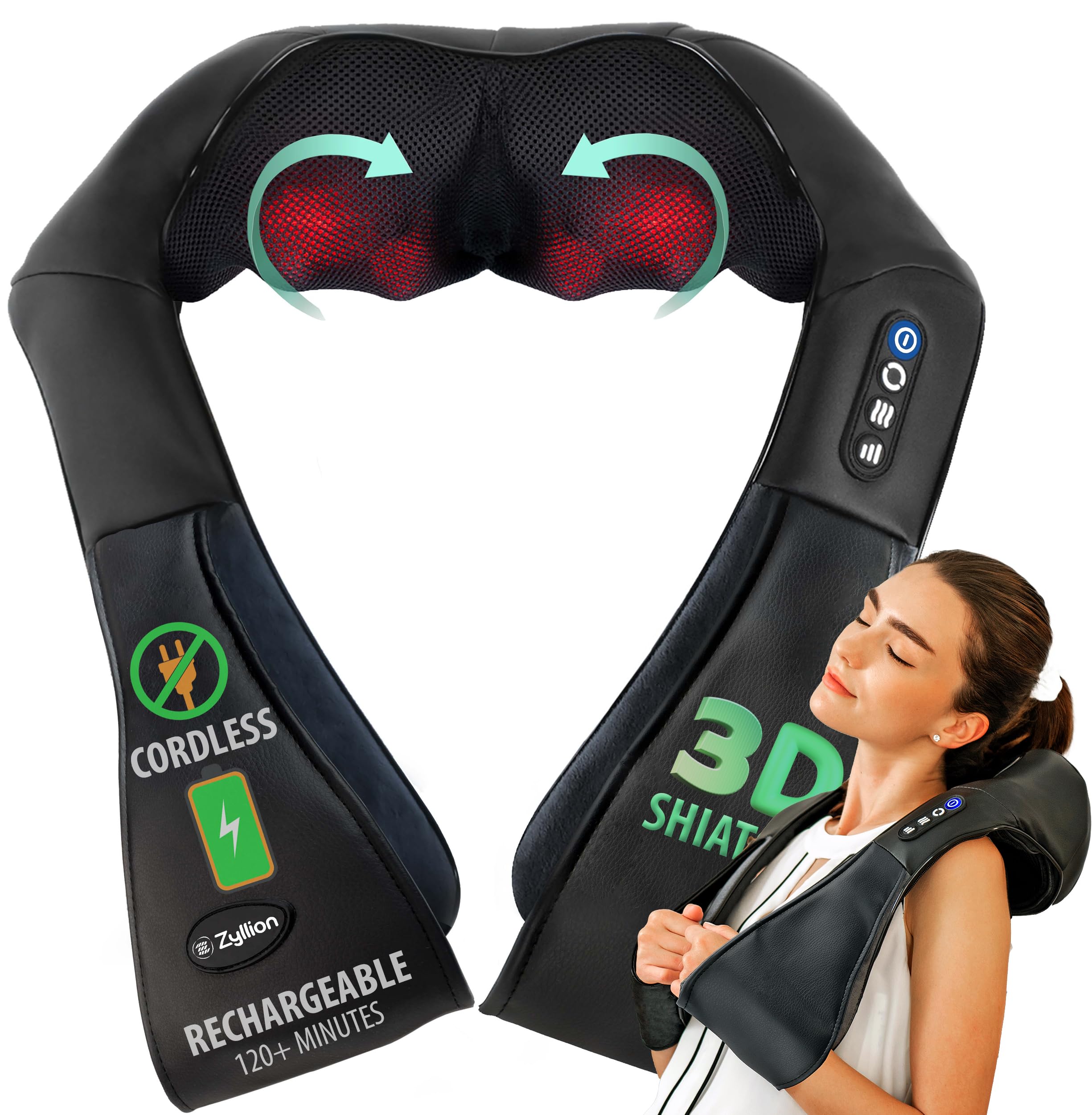 Shiatsu Neck and Back Massager with Heat - Cordless Rechargeable 3D Electric Kneading Deep Tissue Massage for Muscle Pain Relief, Black, ZMA-28RB