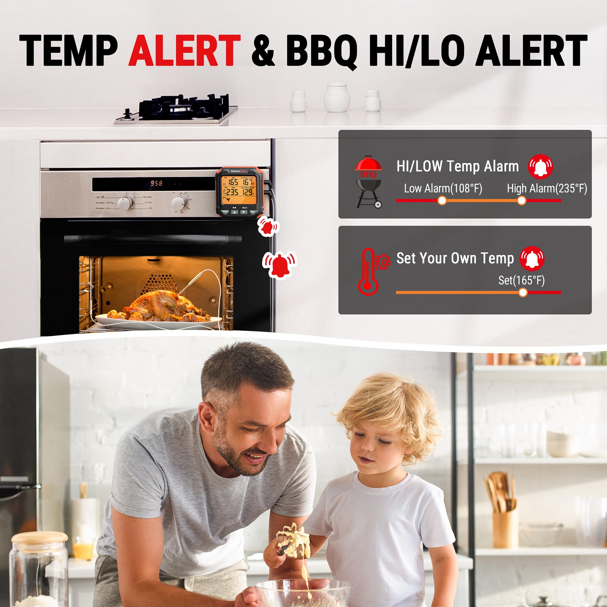 ThermoPro TP717 Termometro digitale per carne per grigliare, retroilluminato, termometro per carne, adatto al forno, con 2 sonde per carne, termometro per alimenti per cucinare con allarme temperatura