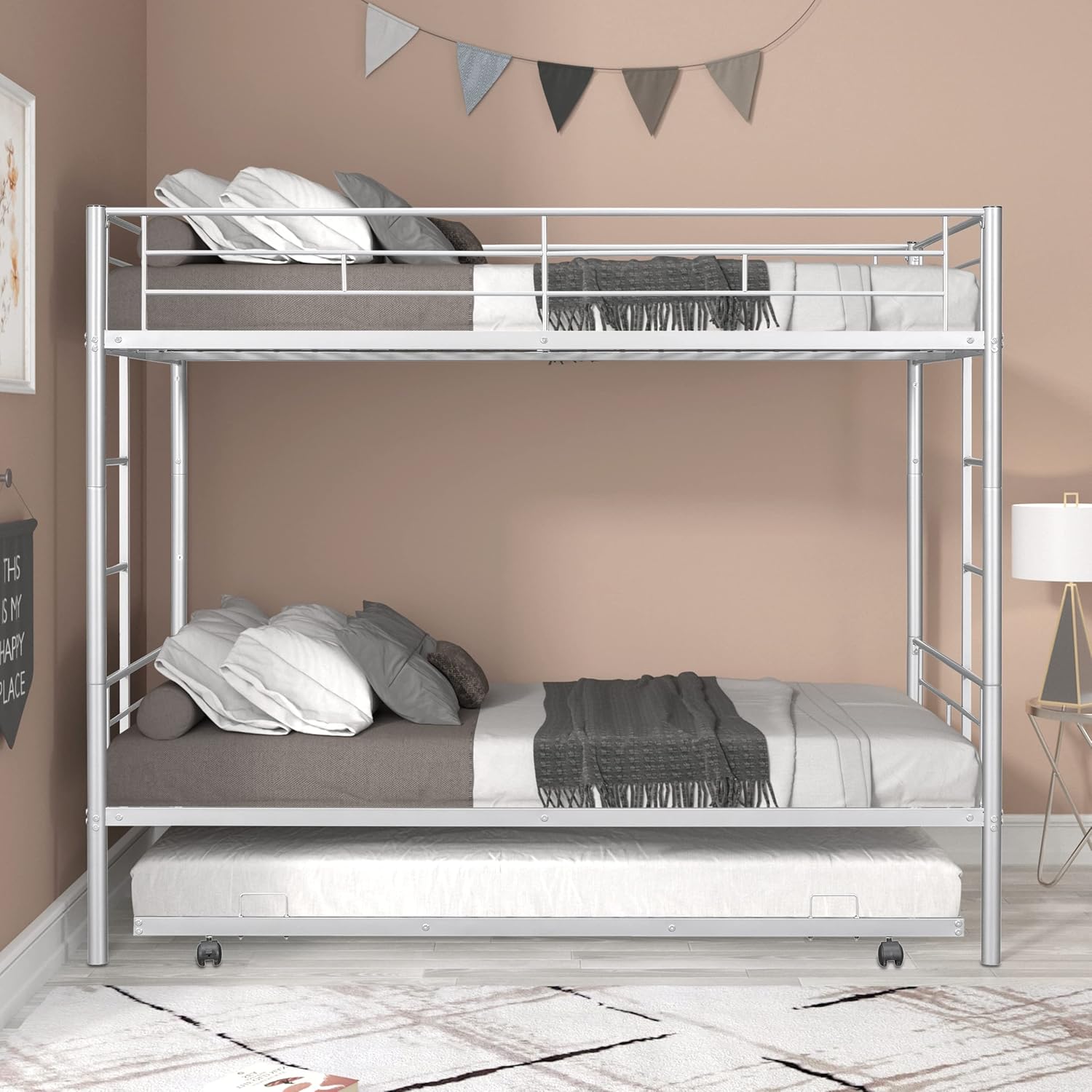 EMKK Twin Over Twin Metal Bunk Bed with Trundle Heavy Duty