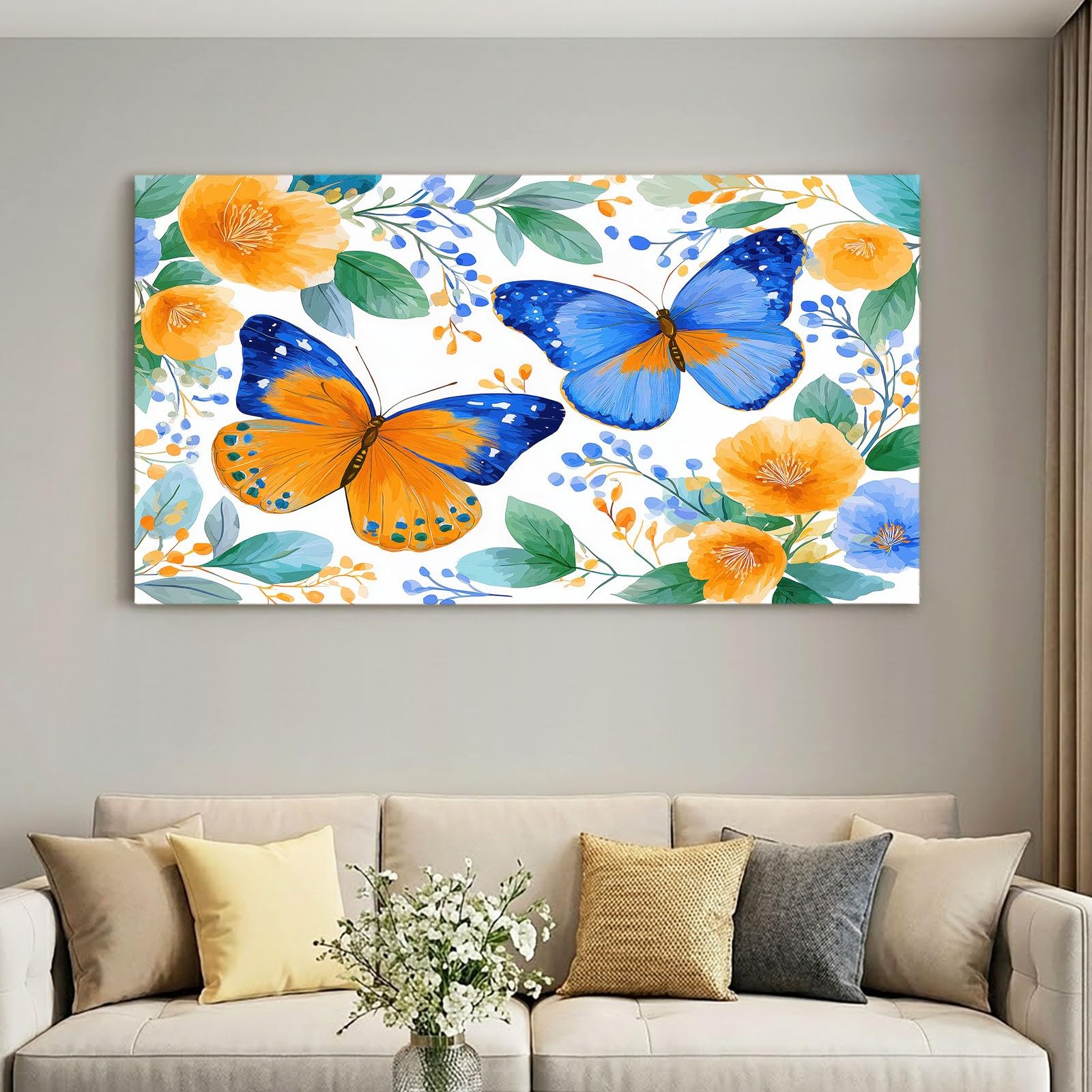 Obraz ścienny w stylu duszpasterskim, obraz na płótnie - ściana na płótnie 120 x 60 cm, nadruk na płótnie z kwiatami, rośliną, motylem, oprawiona sztuka ścienna do salonu i sypialni, dekoracja ścienna