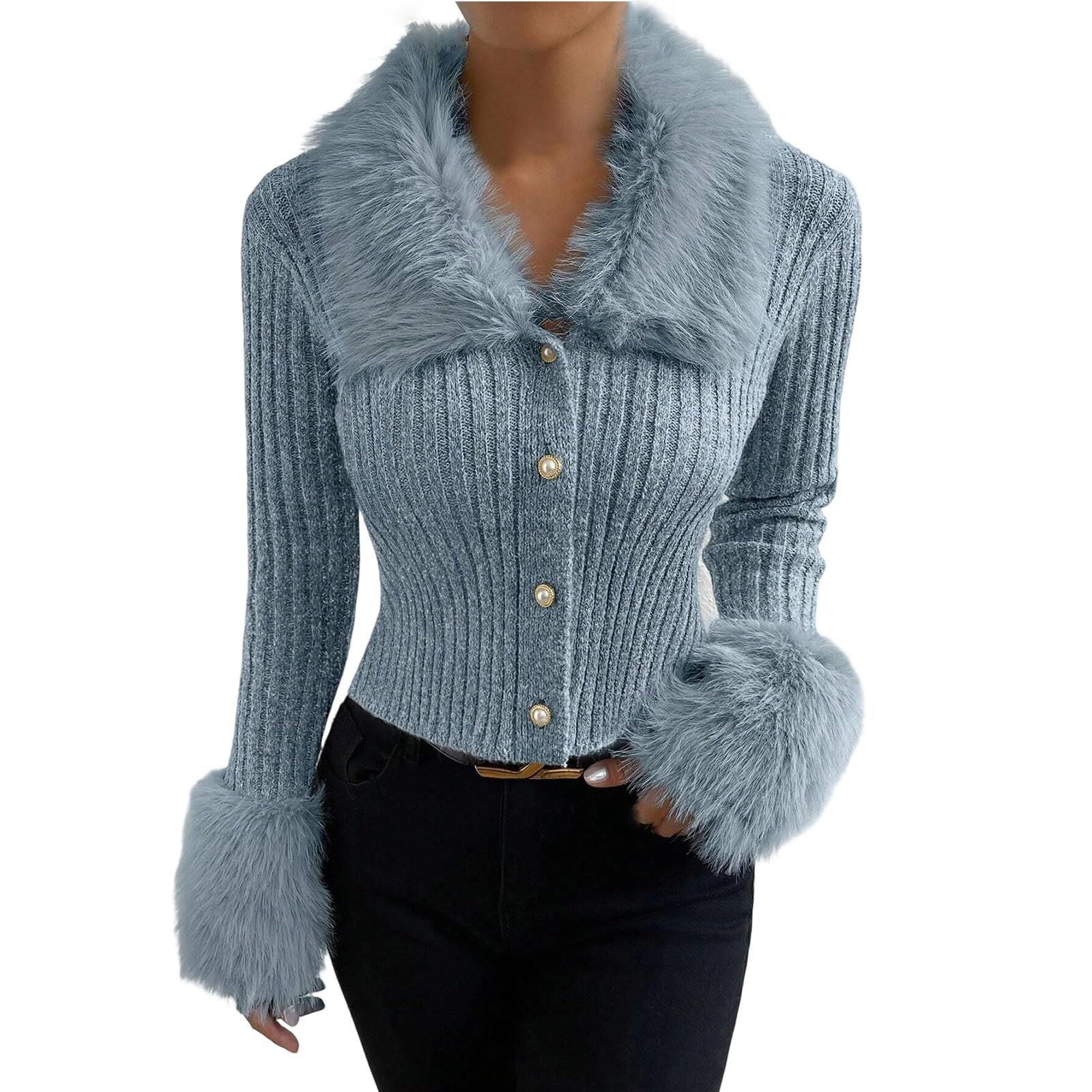 Womens Button Down Sweaters V Neck Long Sleeve Sexy Fuzzy Faux Fur Trim Cardigan Going Out Solid Ribbed