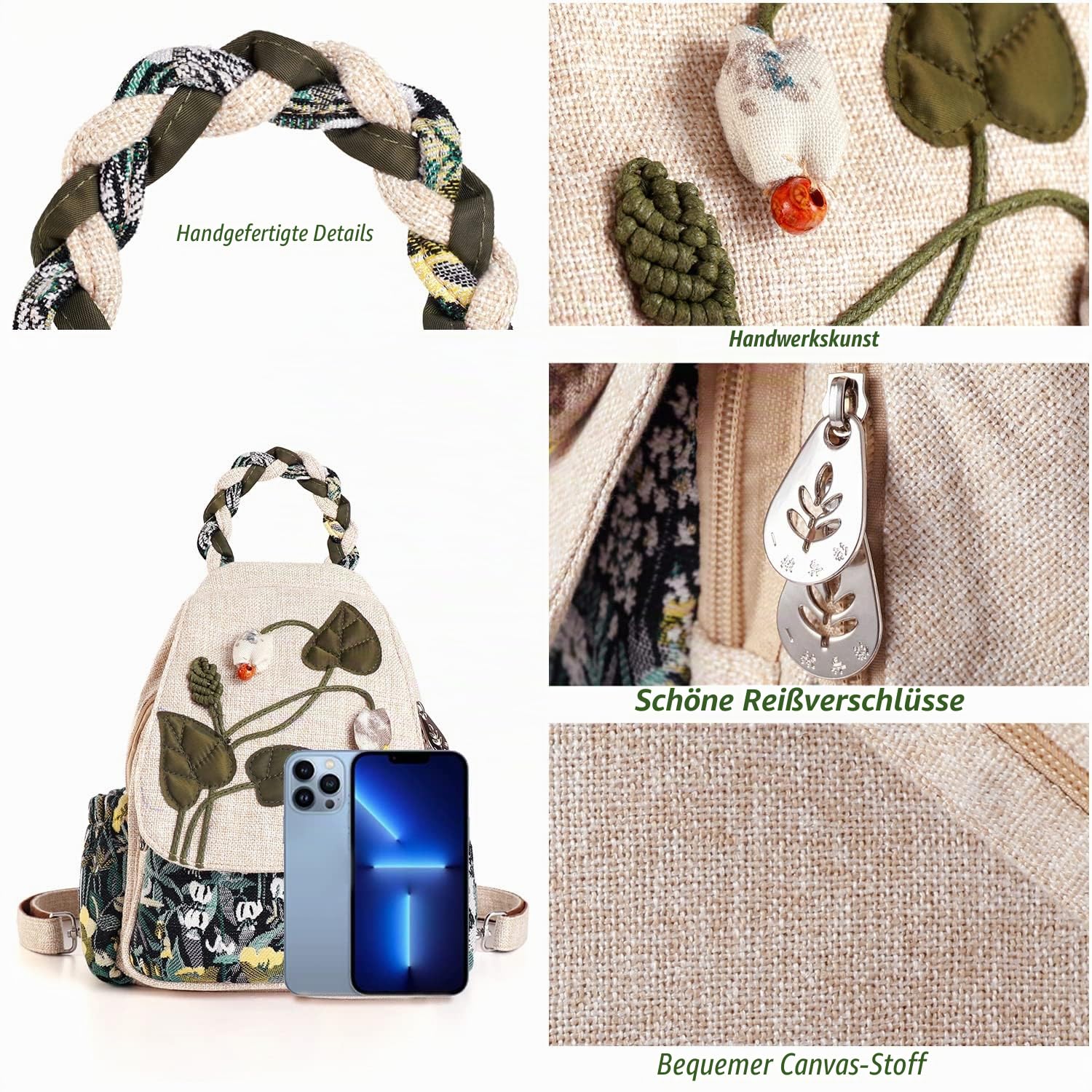 Umwandelbare Umhängetasche für Mädchen, handgefertigte Handtasche, wunderschöner, hochwertiger, lässiger Tages-Mini-Rucksack aus Segeltuch für Frauen in Grün