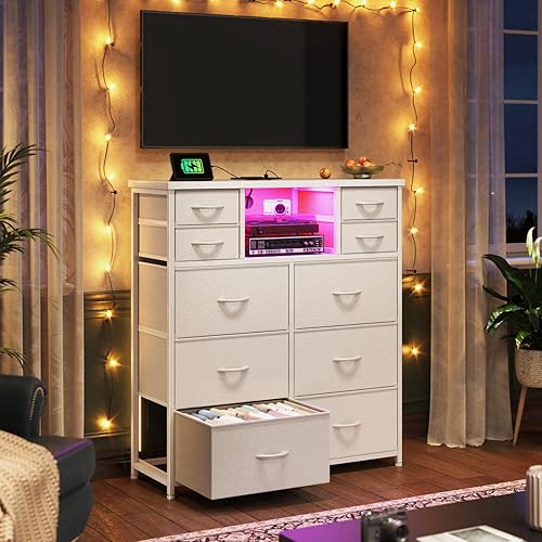 Miniatura 6 de Cómoda blanca para dormitorio con 10 cajones con luz LED y toma de corriente, cómodas de tela y cómoda con estantes abiertos para pasillo, sala de