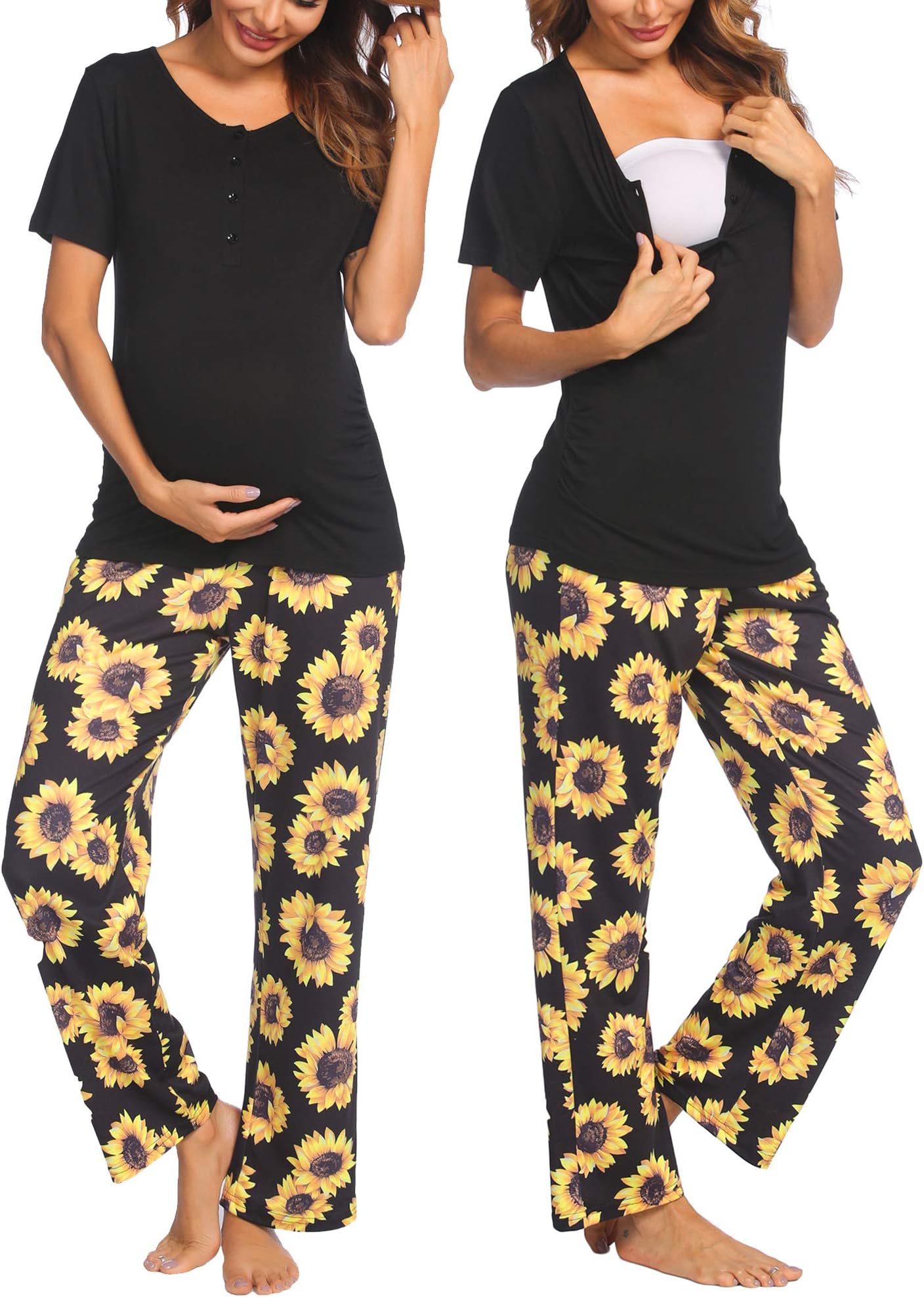EkouaerWomen's Maternity Nursing Pajamas Sets Breastfeeding Printed Sleepwear Short Sleeve 2 Pcs Henley Top and Pants Set