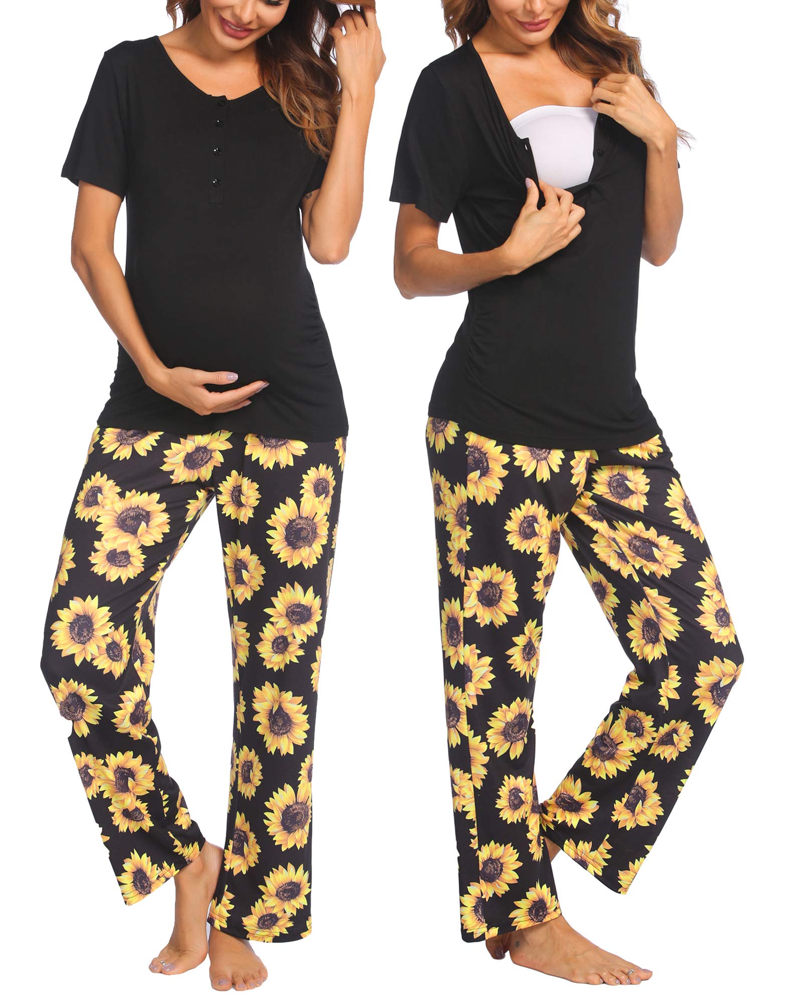 EkouaerWomen's Maternity Nursing Pajamas Sets Breastfeeding Printed Sleepwear Short Sleeve 2 Pcs Henley Top and Pants Set