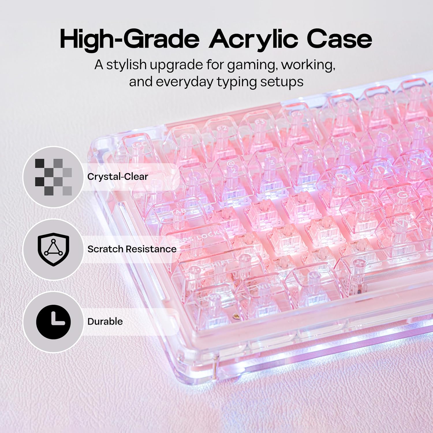 KiiBoom Phantom 98 Hot Swappable Crystal Gasket-Mounted Mechanical Keyboard, Triple Mode NKRO Gaming Keyboard with South-Facing RGB, Clear Keycaps, 8000mAh Battery for Win/Mac (Pink) - Image 4