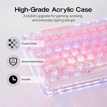 KiiBoom Phantom 98 Crystal Mechanical Gaming Keyboard, Transparent Keyboard with RGB Backlits, Hot-Swappable, Shine Through Clear Keycaps, 3 Modes Wireless, 8000mAh Battery, NKRO for Win/Mac (Pink)