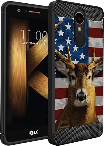 CasesonDeck Flag Case Compatible with [LG Aristo 3, LG Zone 4, LG Phoenix 4, LG Tribute Empire] Hunters Series Slim No Bulk Carbon Fiber Texture Black Flexible TPU Deer Flag